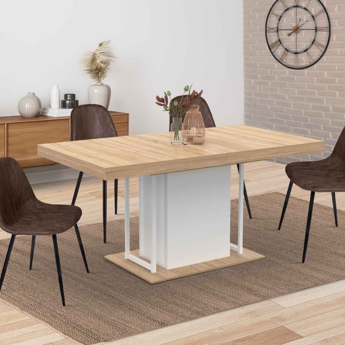 ID MARKET Table à manger extensible rectangle UGO 6-10 personnes bois façon hêtre et blanc 160-200 cm