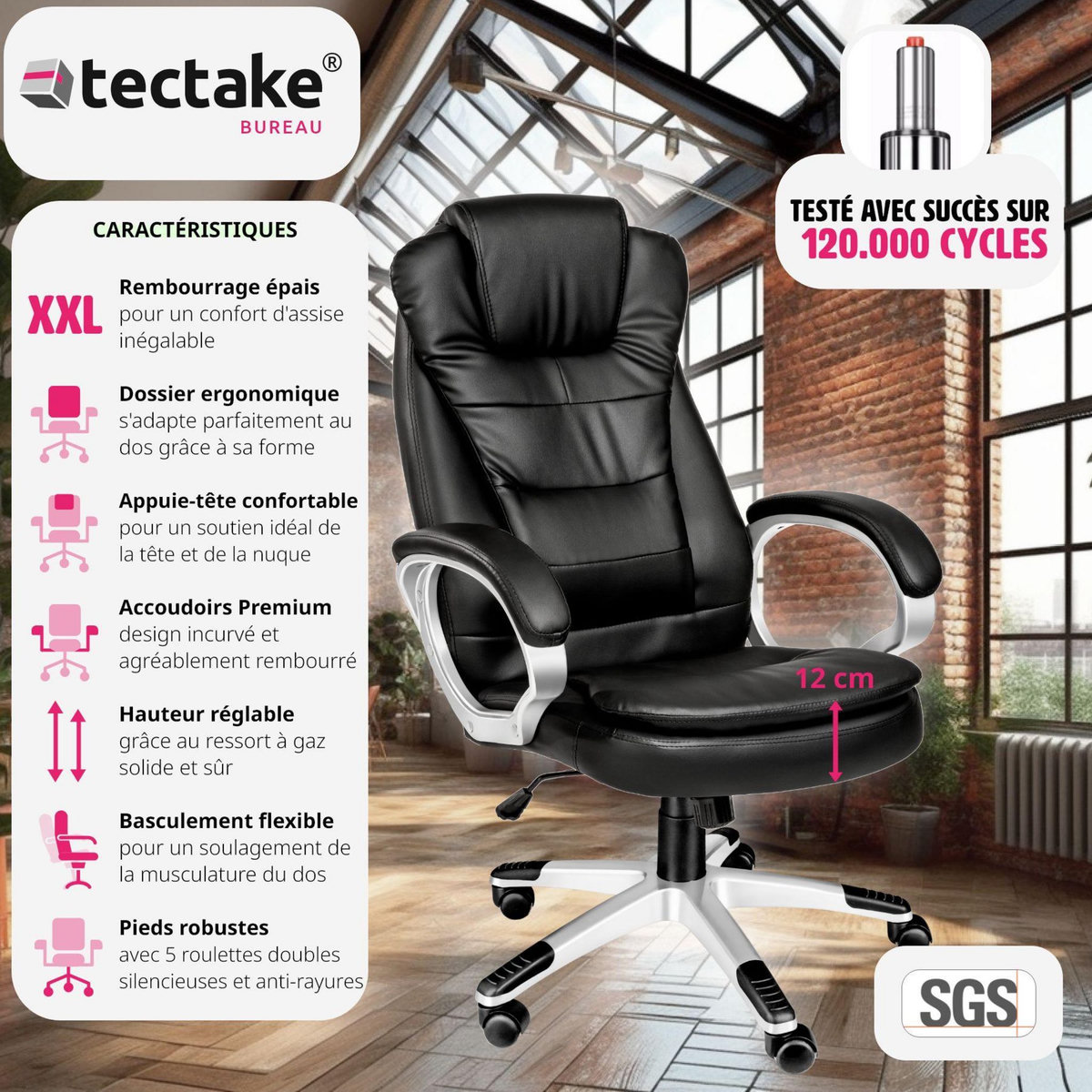 tectake Fauteuil de bureau rotatif à 360° et réglable en hauteur noir