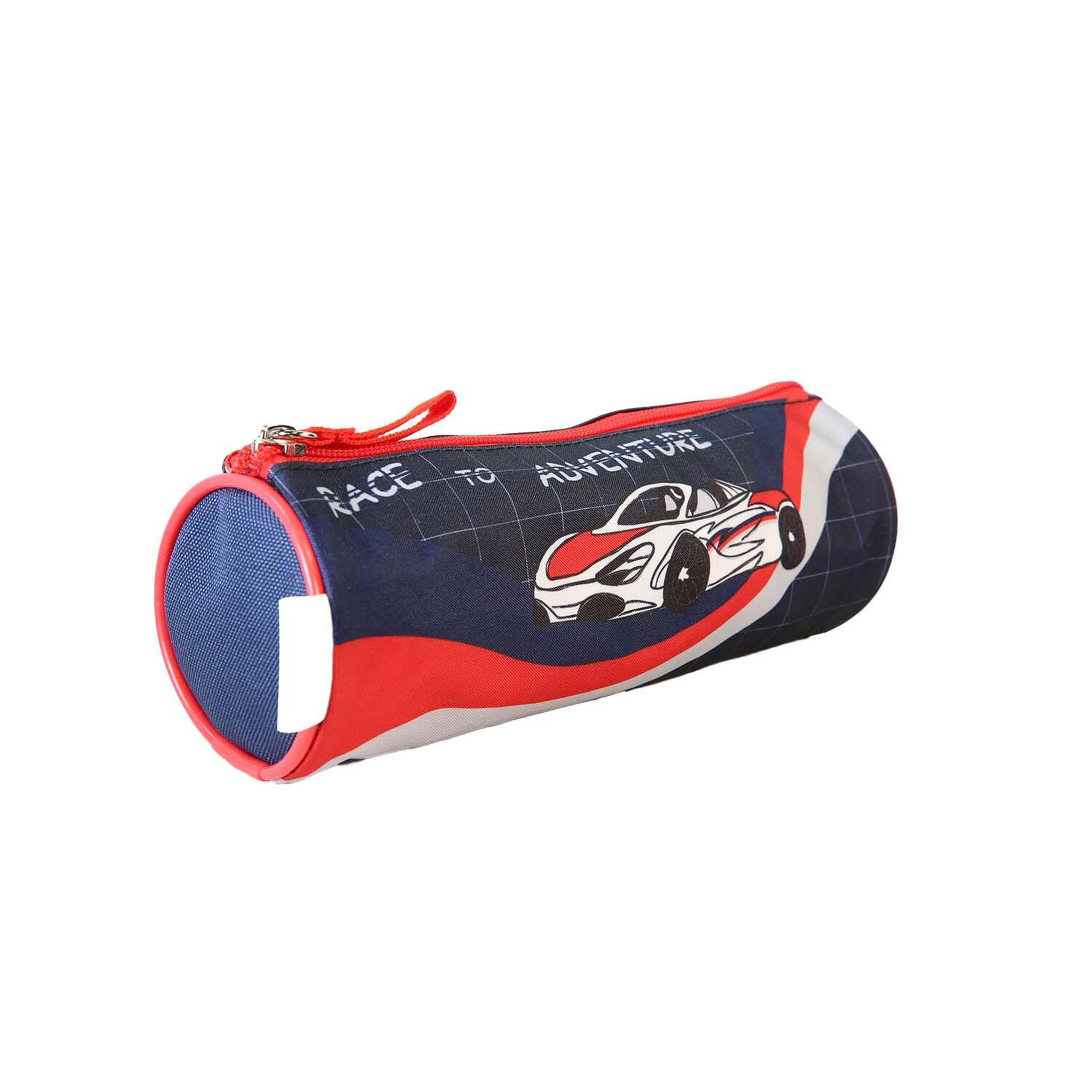 Voir la diapositive 2 : Bagtrotter Phileas - Trousse scolaire ronde Voiture - Bleu/Rouge - Garçon - 1 compartiment zippé