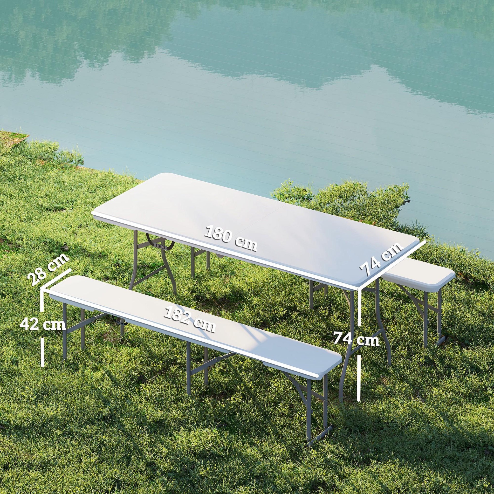 Voir la diapositive 3 : OUTSUNNY Ensemble table 2 bancs pliables avec poignées - usage pique-nique camping - métal époxy hdpe blanc