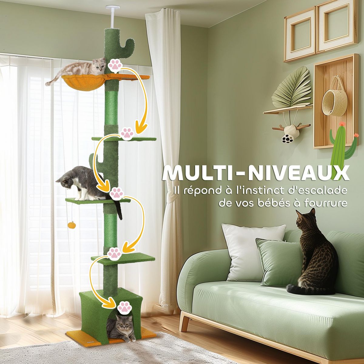 PAWHUT Arbre à chat cactus du sol au plafond - H. réglable 230-275 cm - 6 niv. équipement multiple - vert