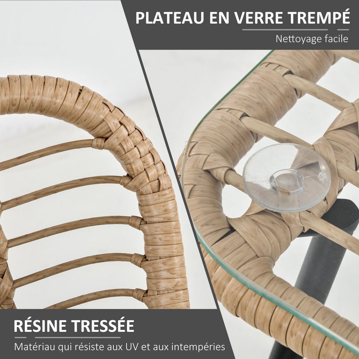 OUTSUNNY Outsunny Ensemble salon de jardin 3 pièces style exotique 2 fauteuils avec coussins + table basse résine tressée beige métal époxy noir