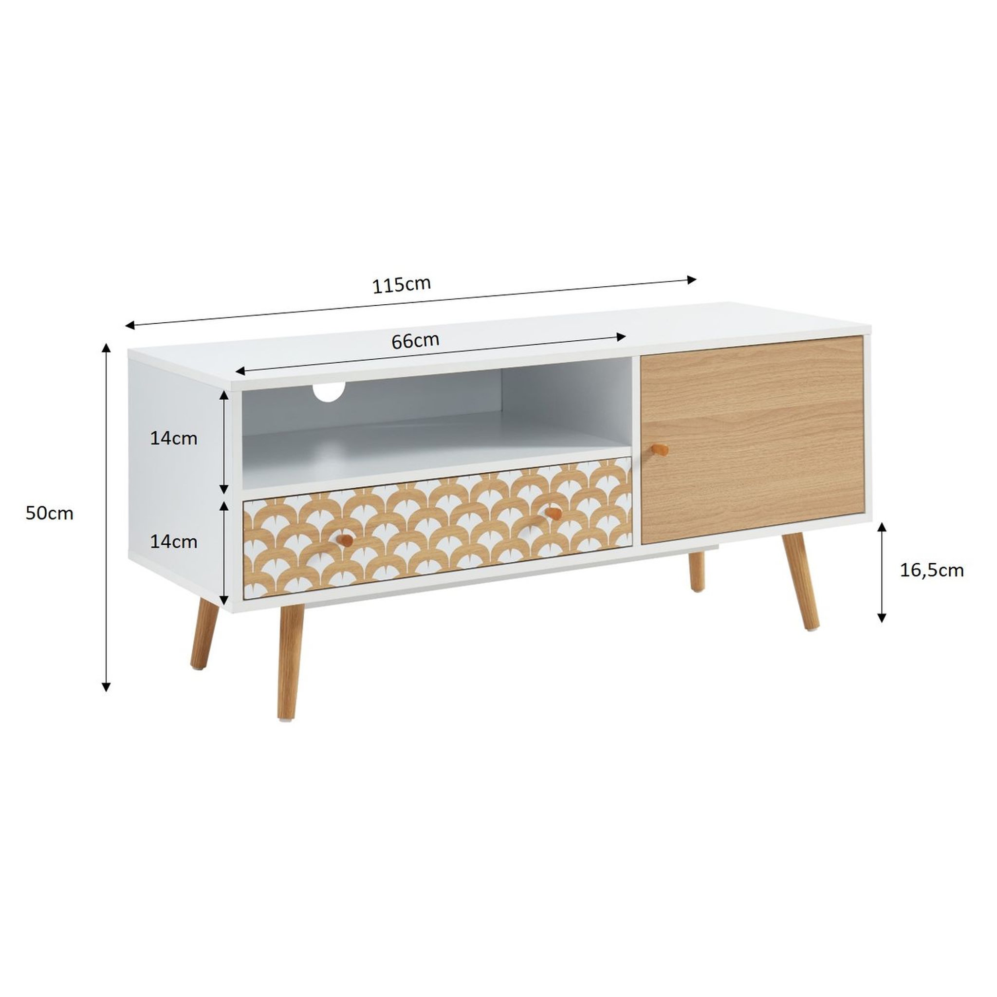 Voir la diapositive 4 : Meuble TV scandinave à imprimés - 1 porte 1 tiroir - décor bois et blanc - L115cm OHIO