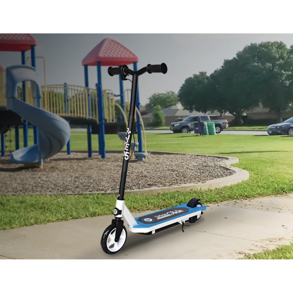 URBANGLIDE Trottinette Électrique Enfant UrbanGlide Ride 55 Bleu LED – 30W, 10 km/h, Batterie 12V 5Ah, Autonomie 40 min, 3-8 ans