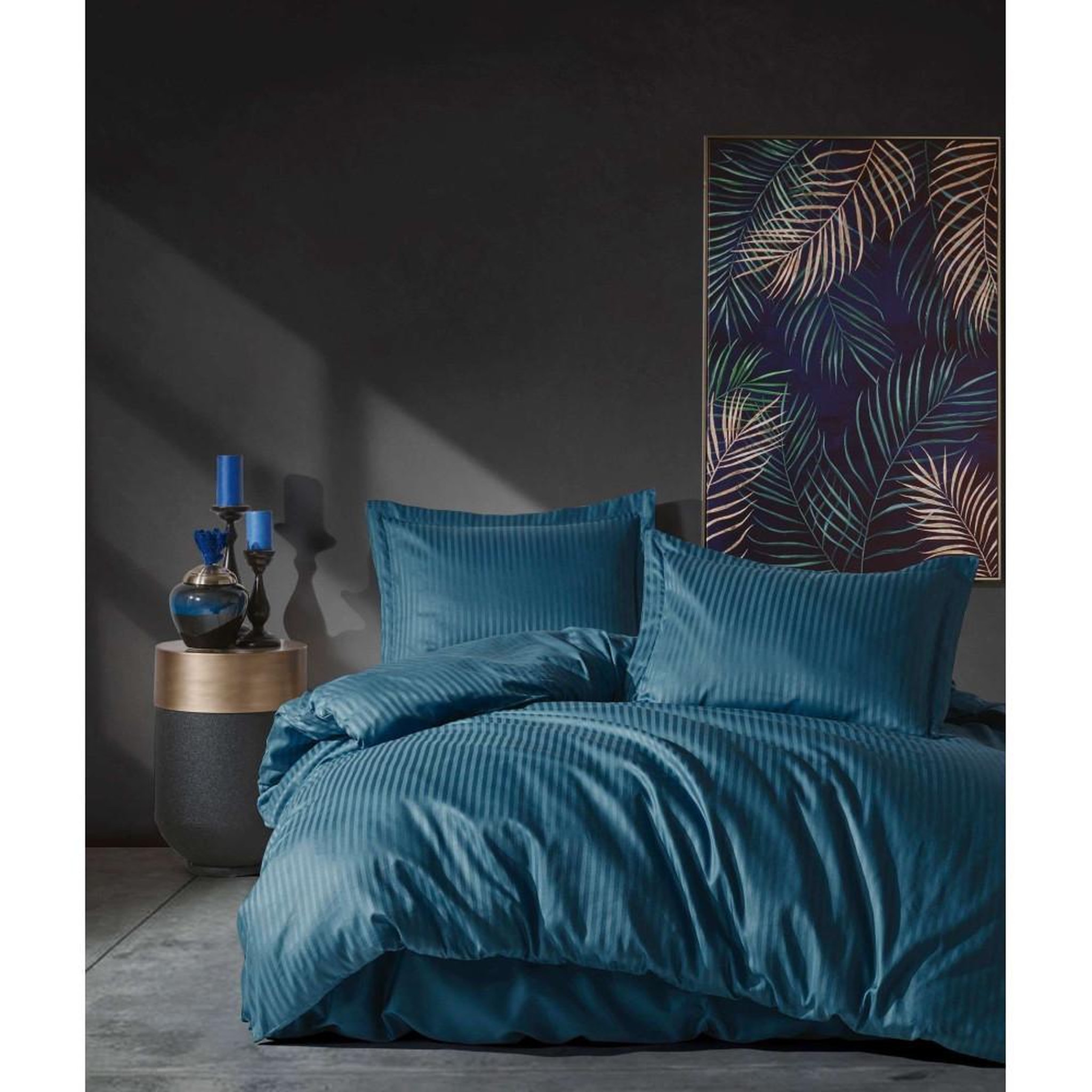 GENERIQUE Parure de lit - 1 housse de couette 140 x 200cm + 1 taies d'oreiller 60 x 60 cm - Satin - Imprimé rayures Bleu
