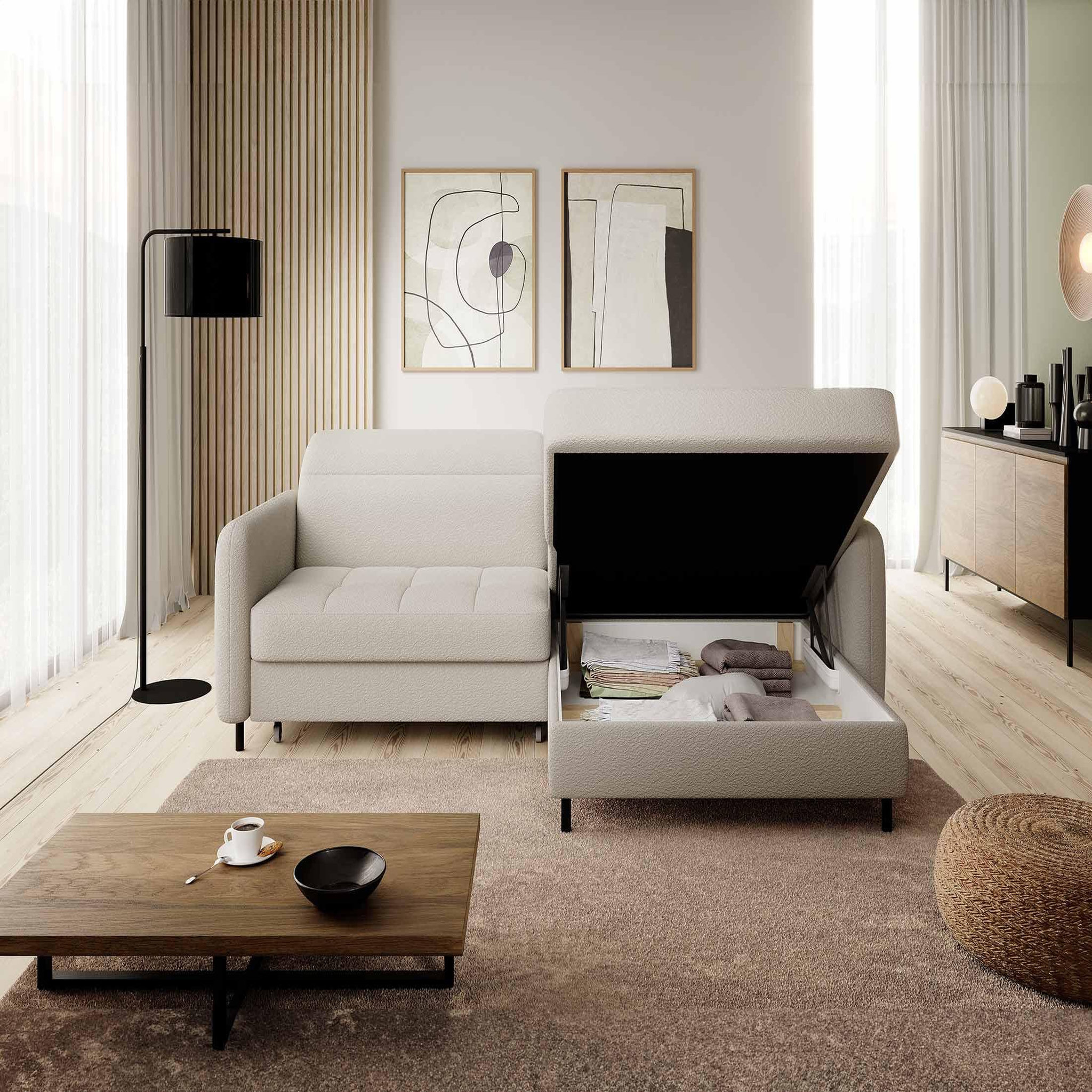 Voir la diapositive 3 : BEST MOBILIER Sagada - canapé d'angle droit 4 places - convertible avec coffre et têtières - en tissu bouclette