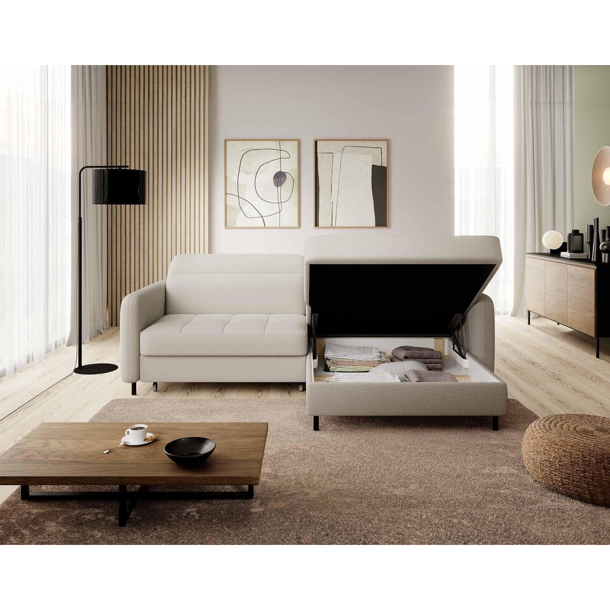 BEST MOBILIER Sagada - canapé d'angle droit 4 places - convertible avec coffre et têtières - en tissu bouclette