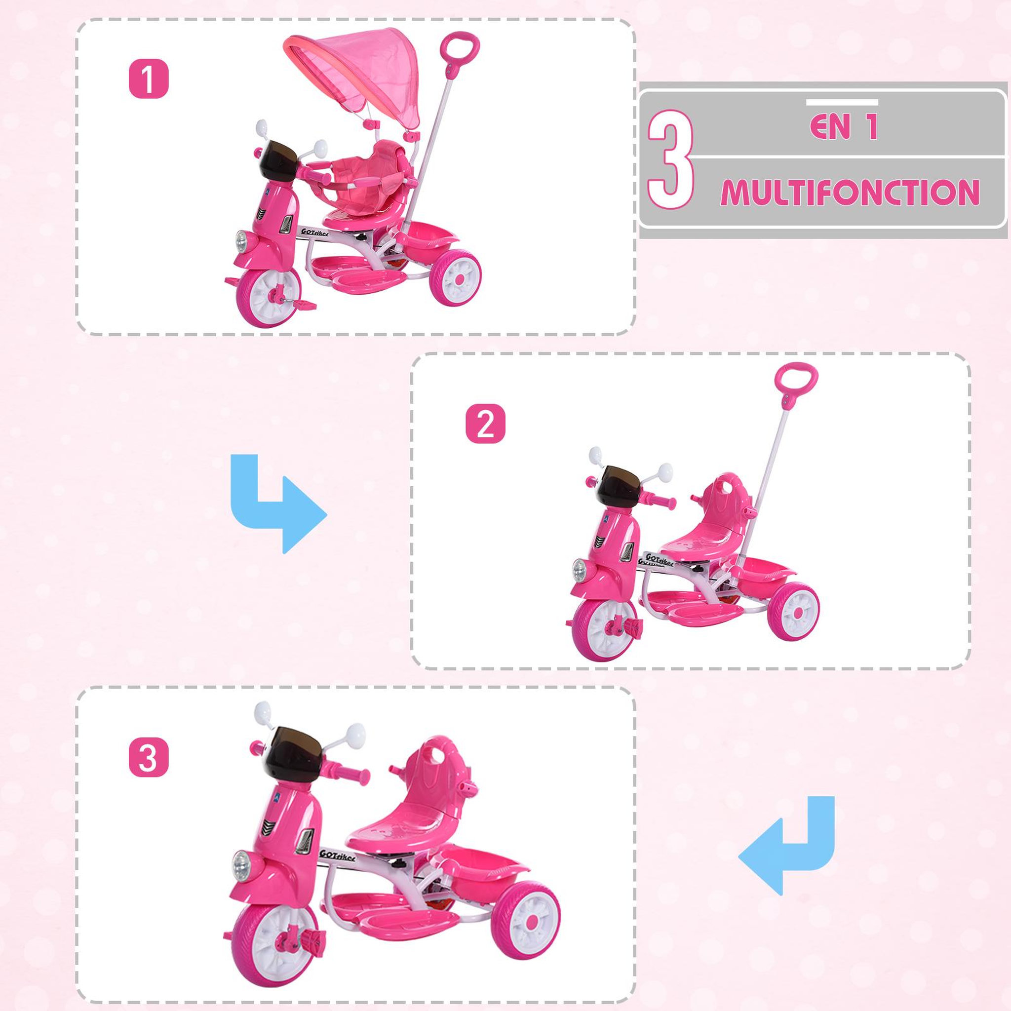 Voir la diapositive 4 : HOMCOM Tricycle enfants évolutif canne, pare-soleil pliable amovible effets lumineux sonores métal blanc PP rose
