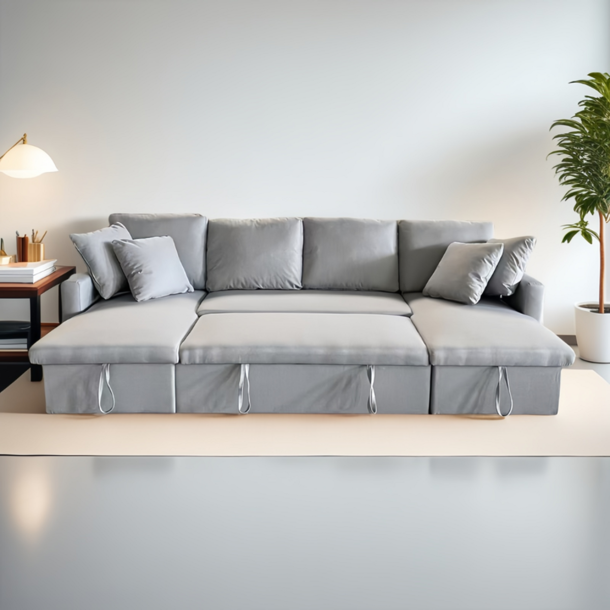 CONCEPT USINE Canapé panoramique convertible 4 places en tissu avec coffre - gris clair MAHÉ