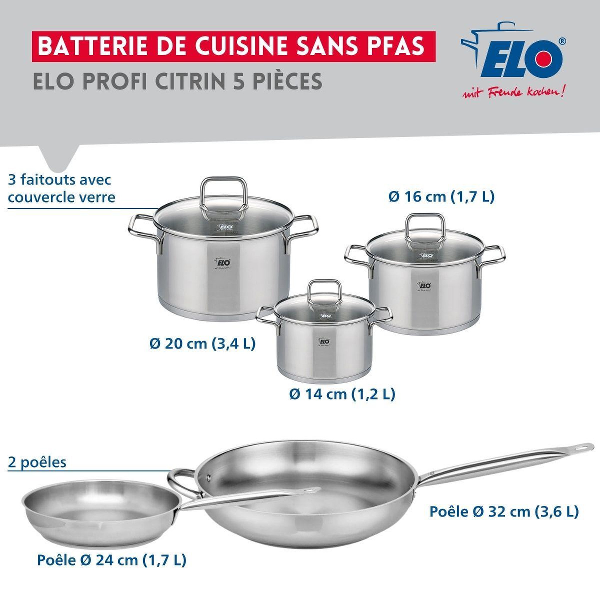 Voir la diapositive 2 : ELO Ensemble de 2 poêles de cuisson 24 et 32 cm et 3 faitouts 14, 16 et 20 cm elo profi citrin
