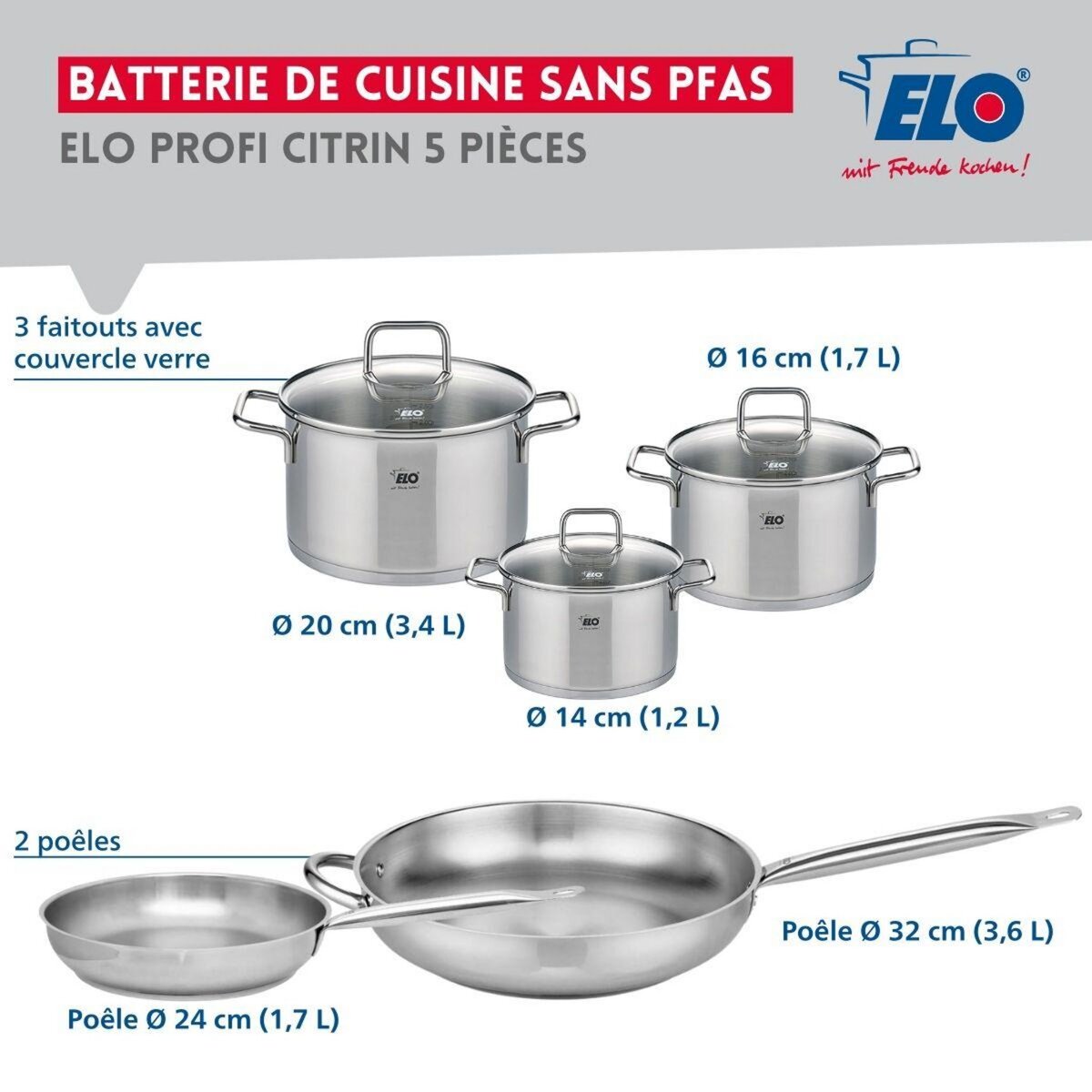 ELO Ensemble de 2 Poêles de cuisson 24 et 32 cm et 3 faitouts 14, 16 et 20 cm Elo Profi Citrin