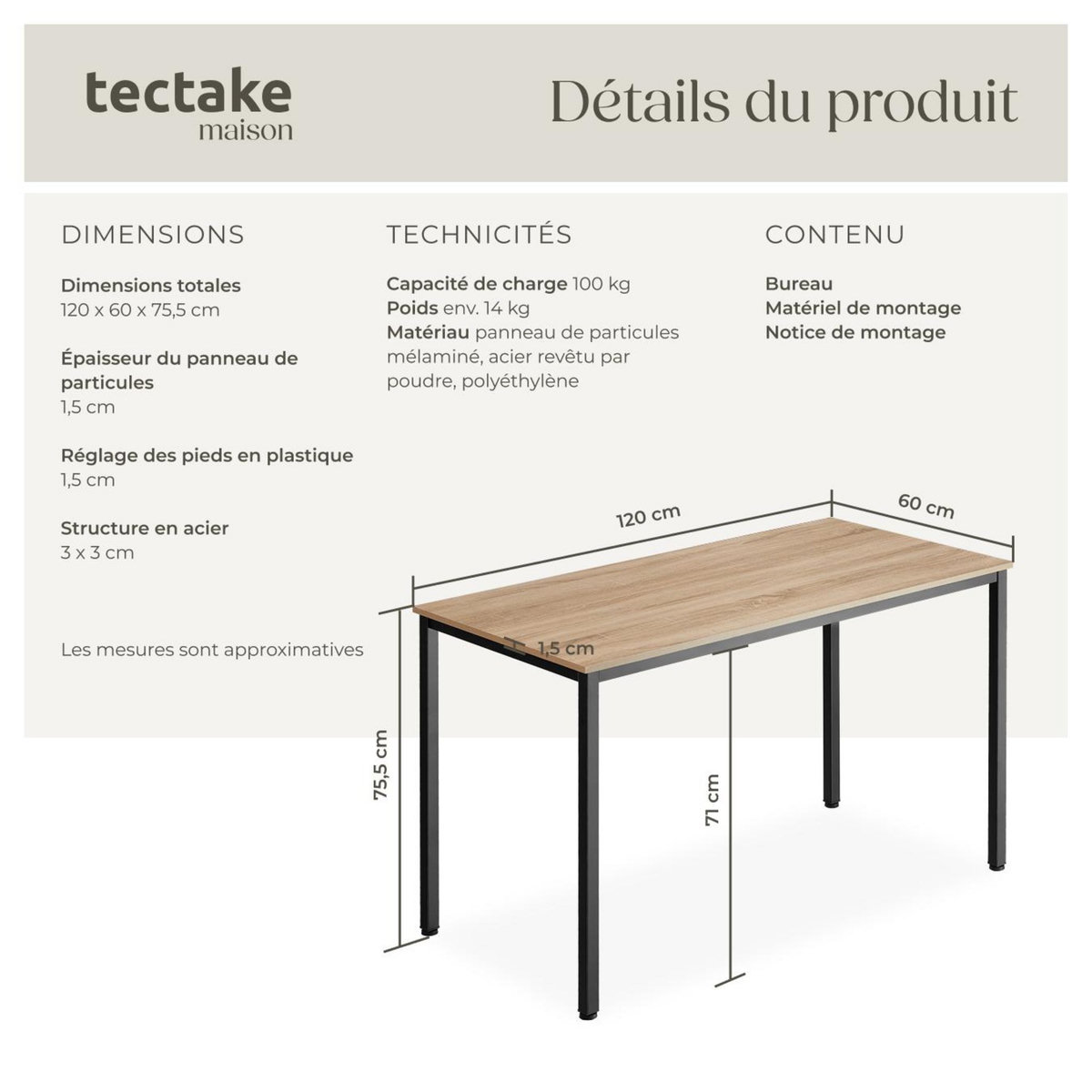 tectake Bureau Style industriel Grand espace pour les jambes