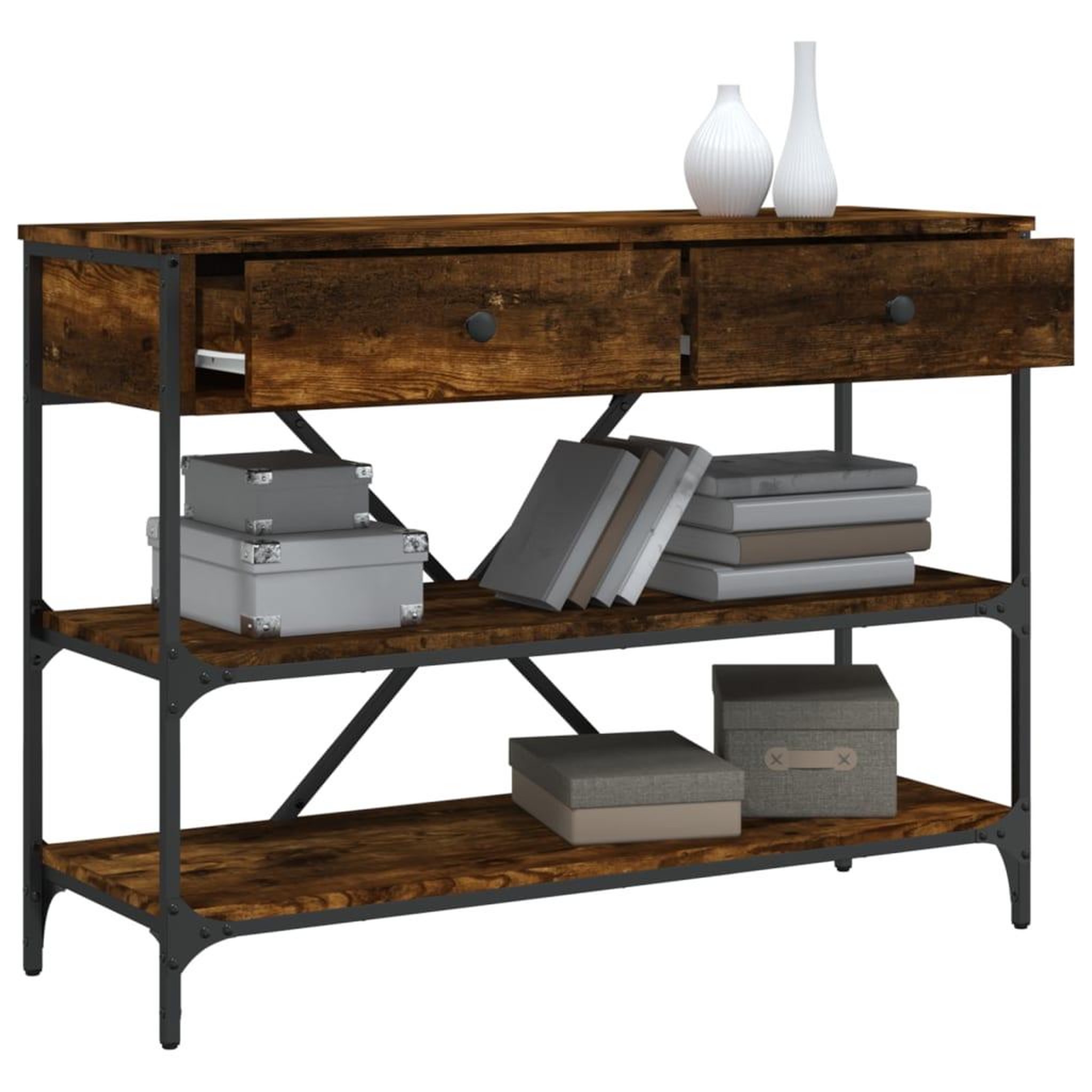 Voir la diapositive 4 : VIDAXL Table console avec tiroirs et etageres chene fume