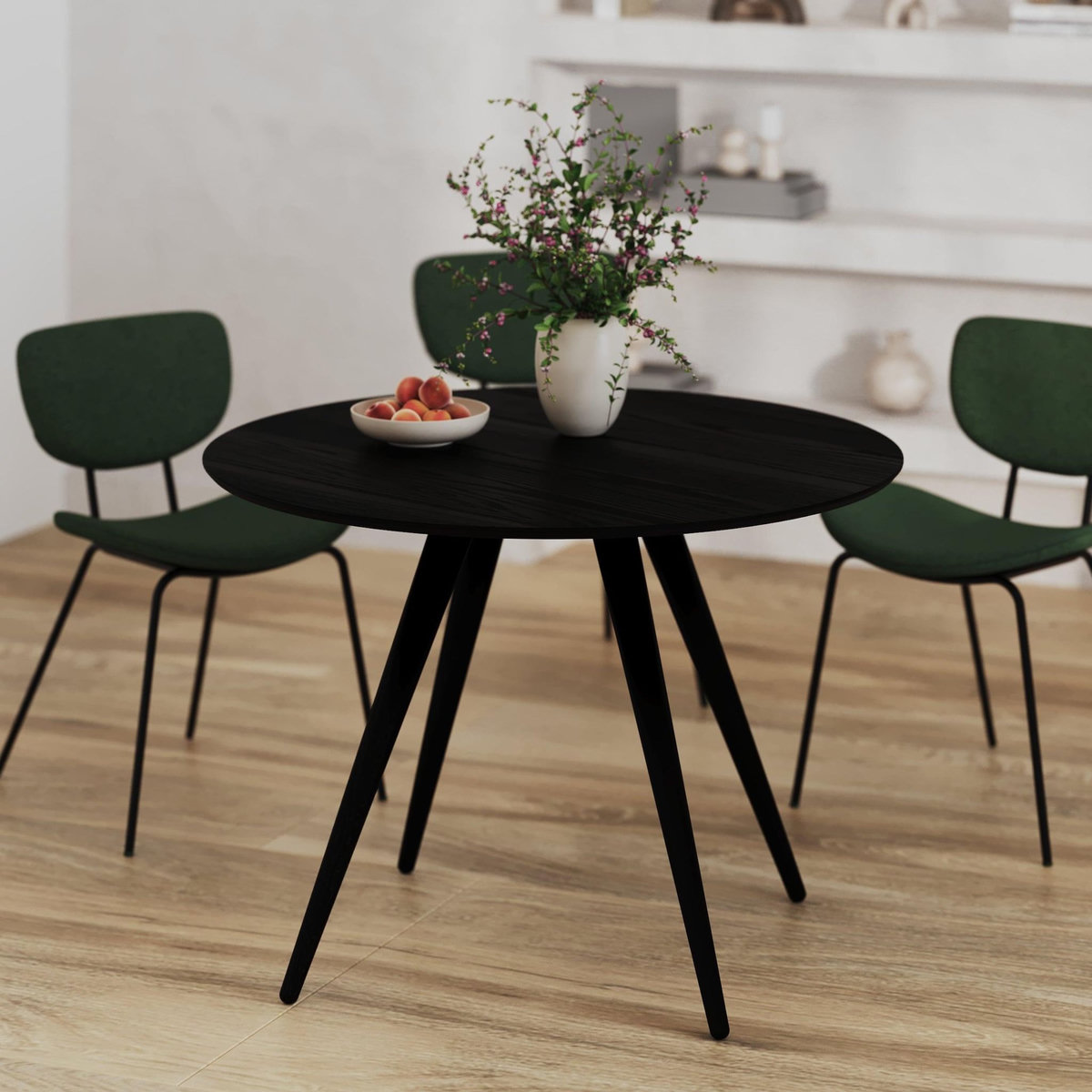 MAISON PAVANE Table ronde 4 personnes en bois de frêne plaqué noir D105 cm-Liwa
