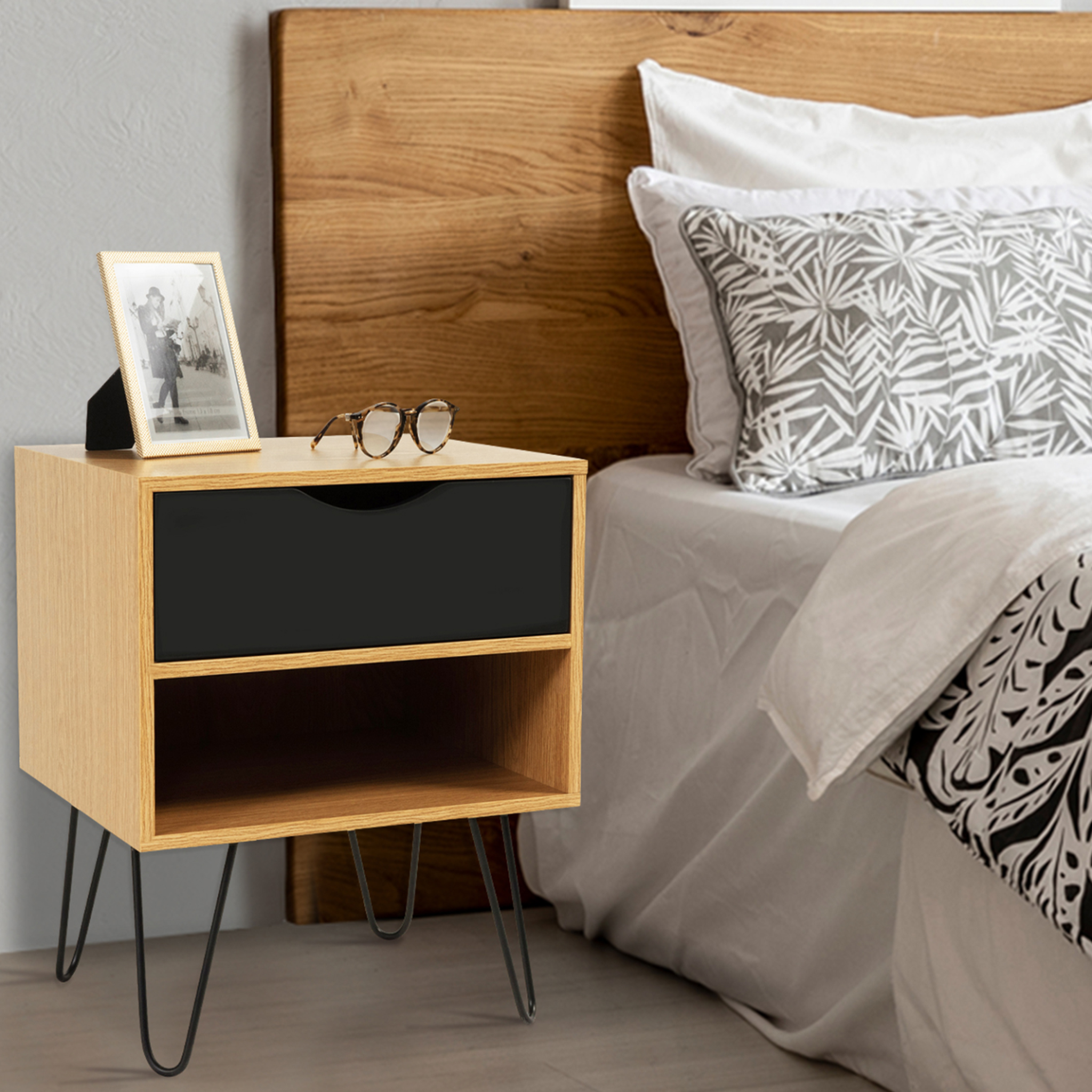 Voir la diapositive 5 : ID MARKET Lot de 2 tables de chevet noemi 1 tiroir avec niche bois pied épingle