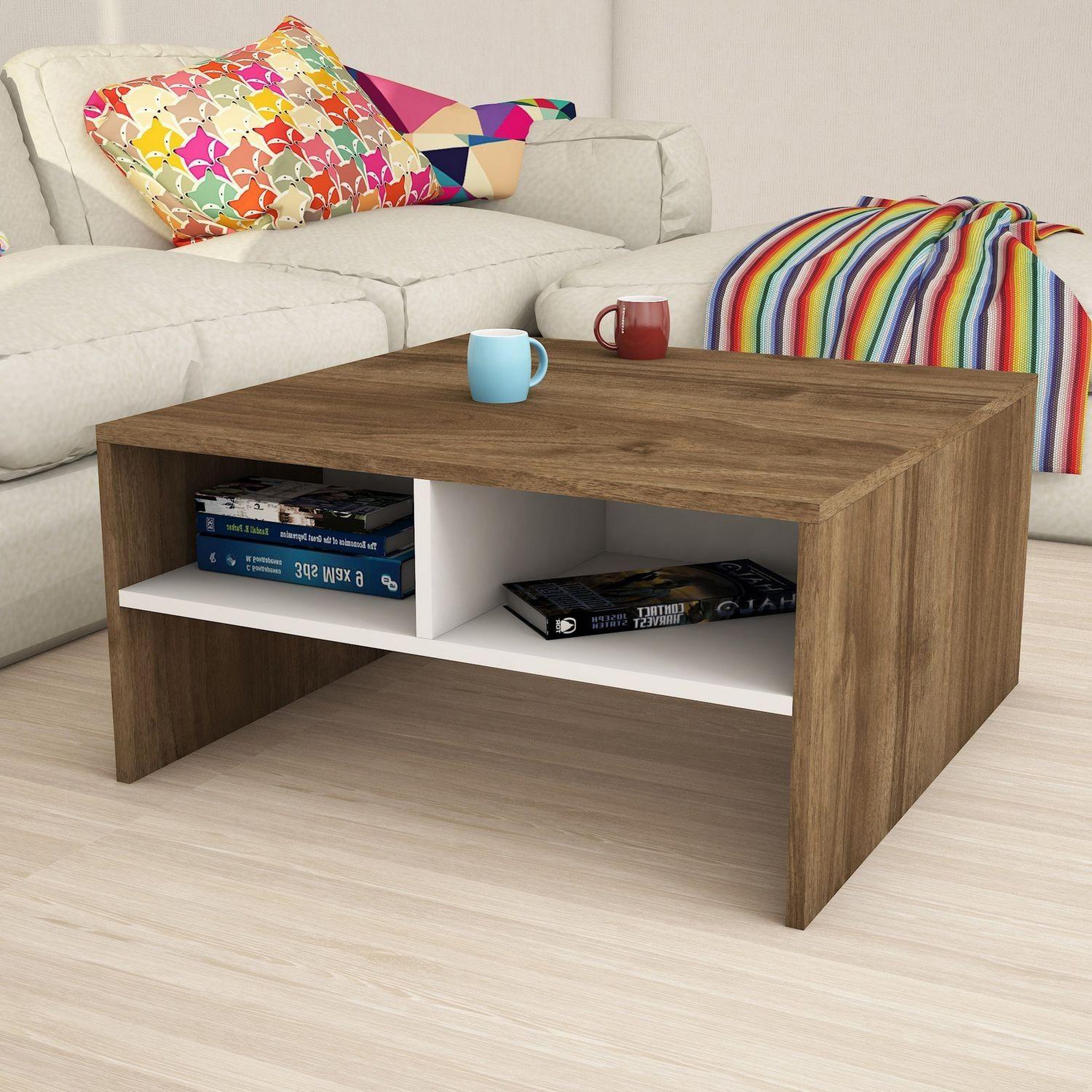Voir la diapositive 3 : TOILINUX Table basse carrée avec niches de rangement - l.80cm - blanc et marron