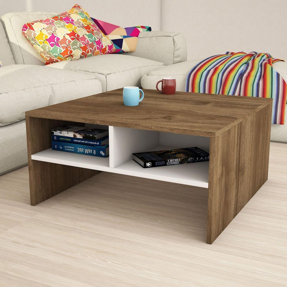 TOILINUX Table basse carrée avec niches de rangement - L.80cm - Blanc et Marron