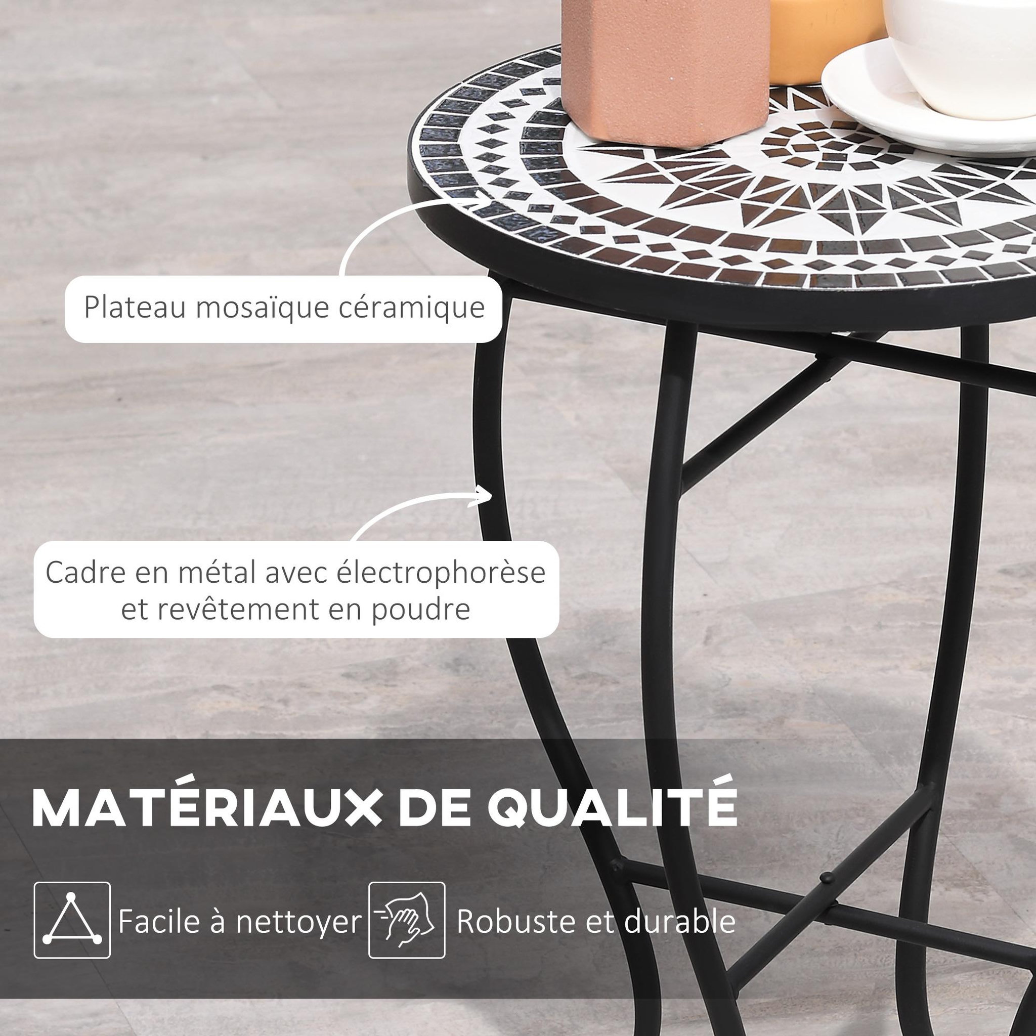 Voir la diapositive 6 : OUTSUNNY Table ronde style fer forgé bistro plateau mosaïque céramique métal époxy anticorrosion noir blanc