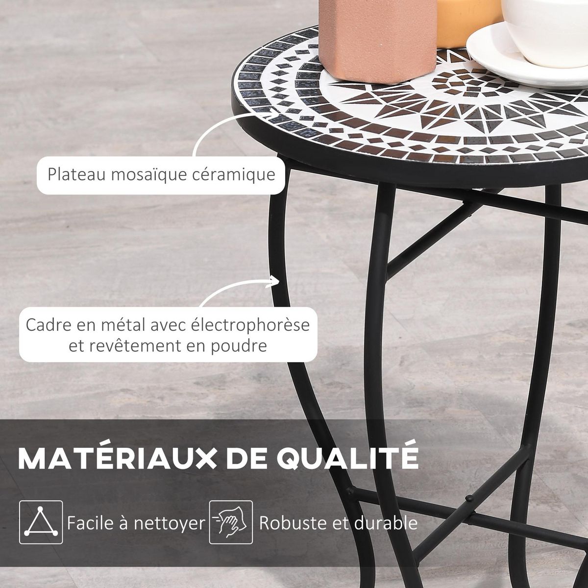 OUTSUNNY Table ronde style fer forgé bistro plateau mosaïque céramique métal époxy anticorrosion noir blanc