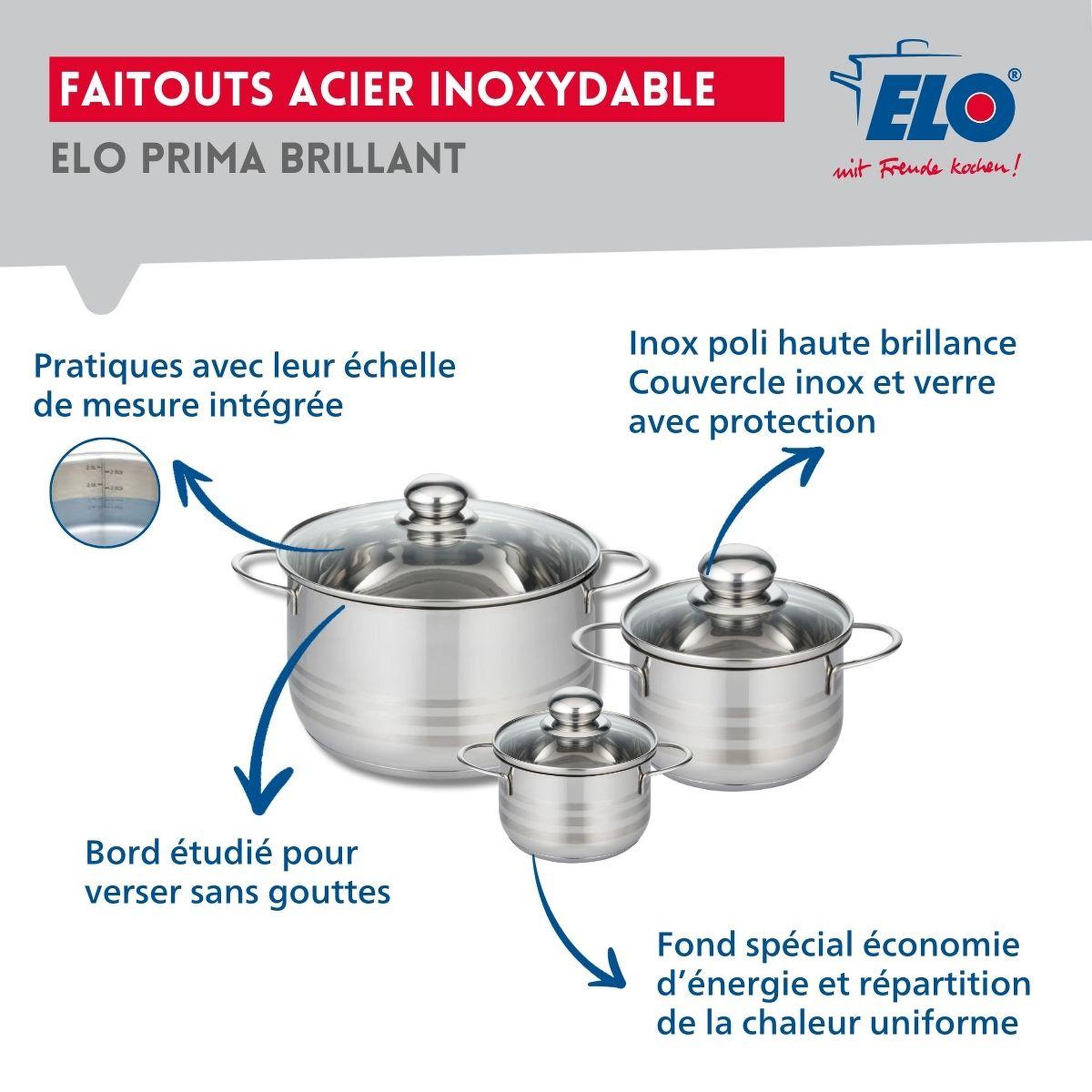 Voir la diapositive 3 : ELO Ensemble de 3 poêles de cuisson 24, 28 et 32 cm et 3 faitouts 12, 16 et 24 cm elo prima brillant