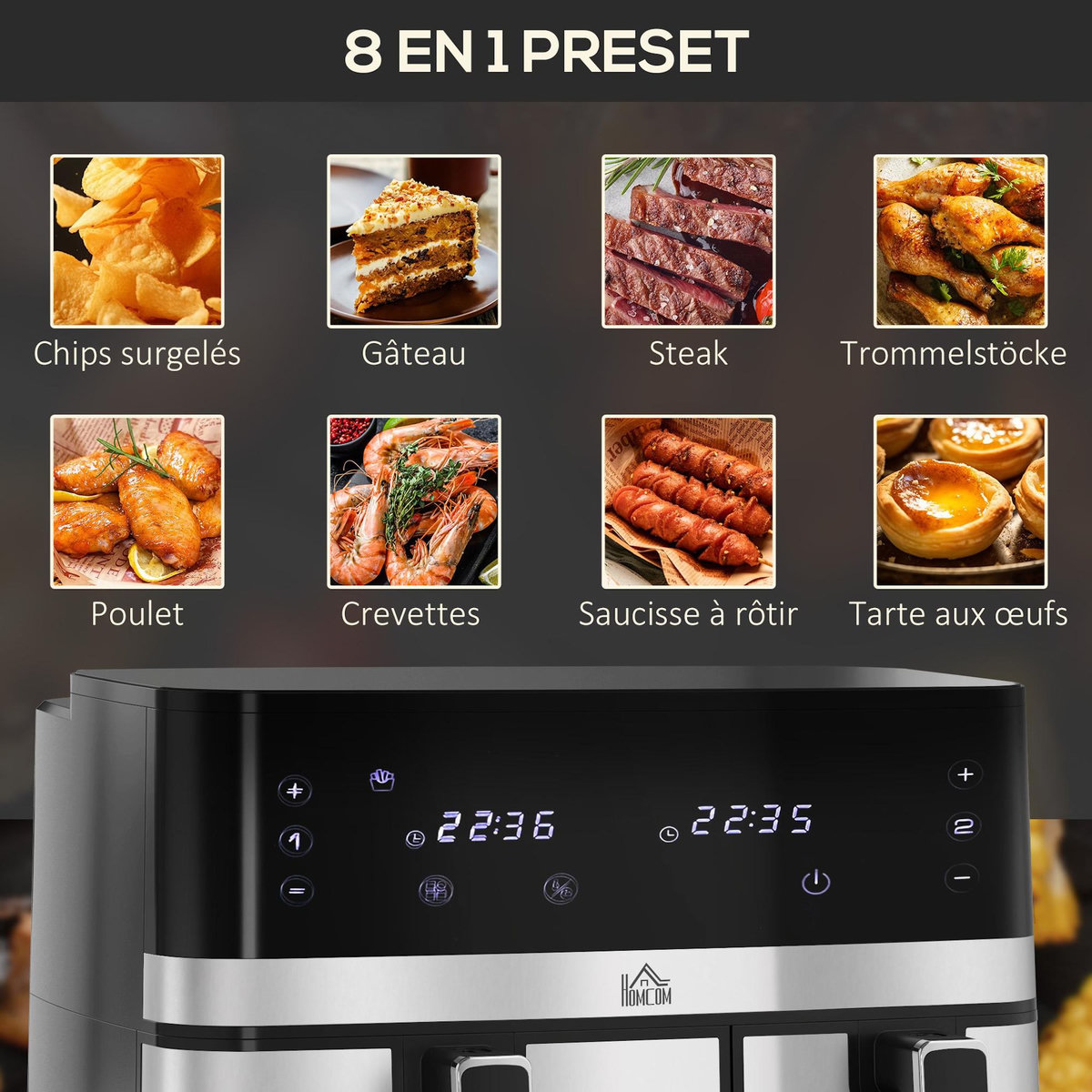 HOMCOM Friteuse à air 2700W - air fryer - double compartiment 8,5L - 8 programmes, température réglable, timer, 2 paniers - noir