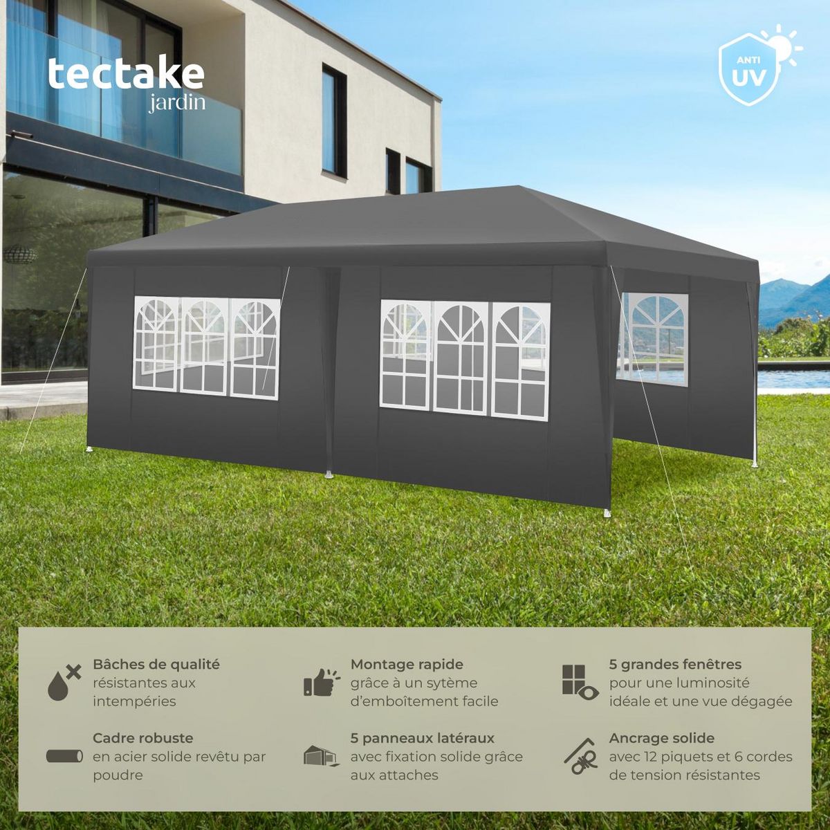 tectake Pavillon 6 x 3 m avec système d'emboîtement gris