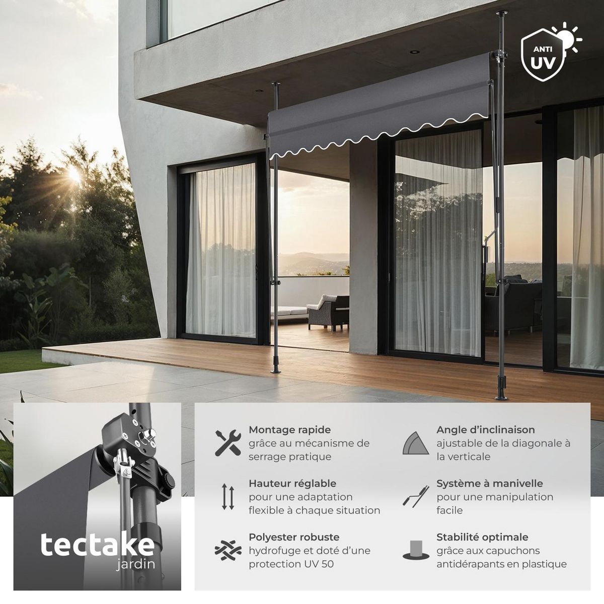 tectake Store à pince sans perçage avec manivelle noir/gris 250 x 180 cm