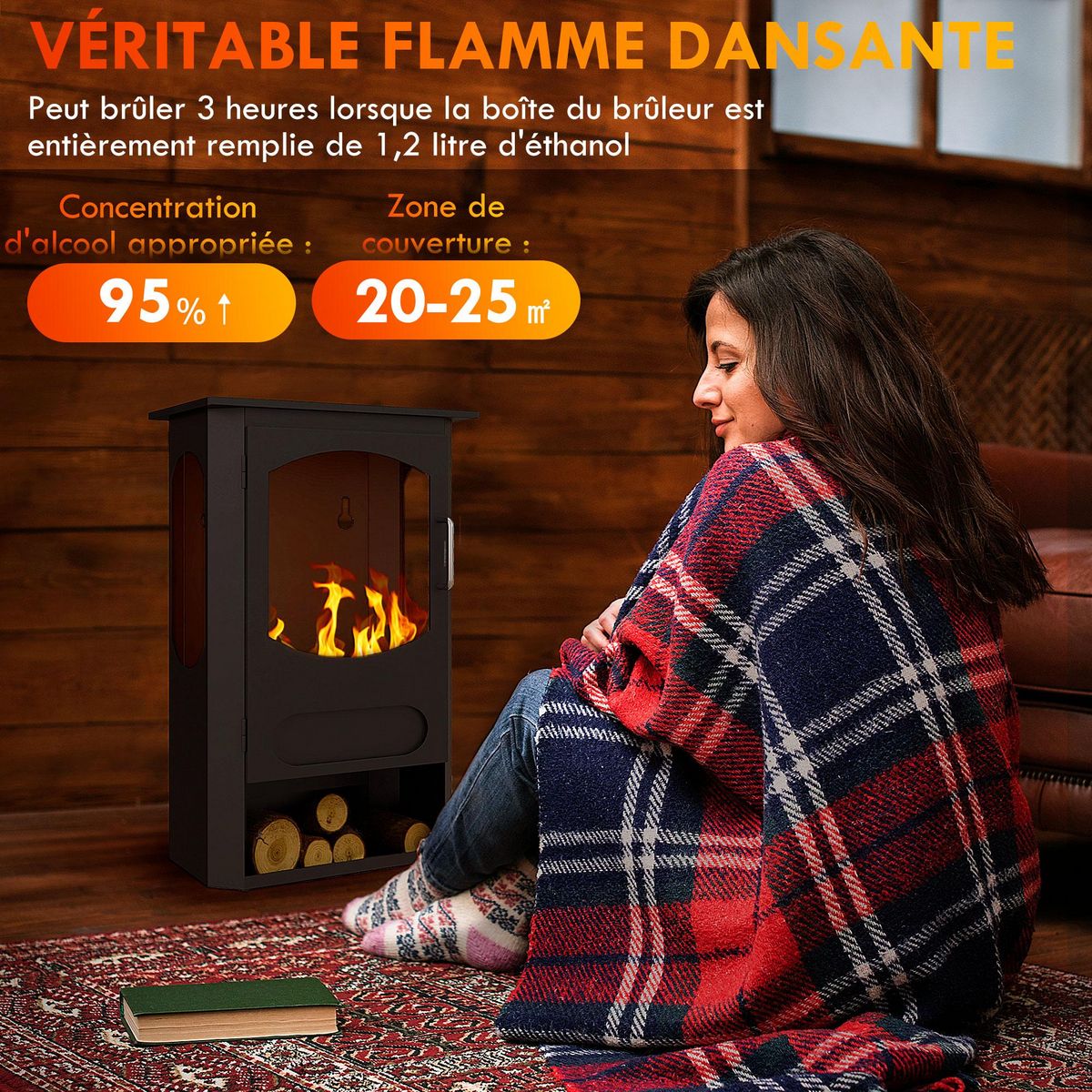 HOMCOM Cheminée bioéthanol design contemporain - range bûches - brûleur 1,2 L - contrôle de flamme et manche inclus - acier noir