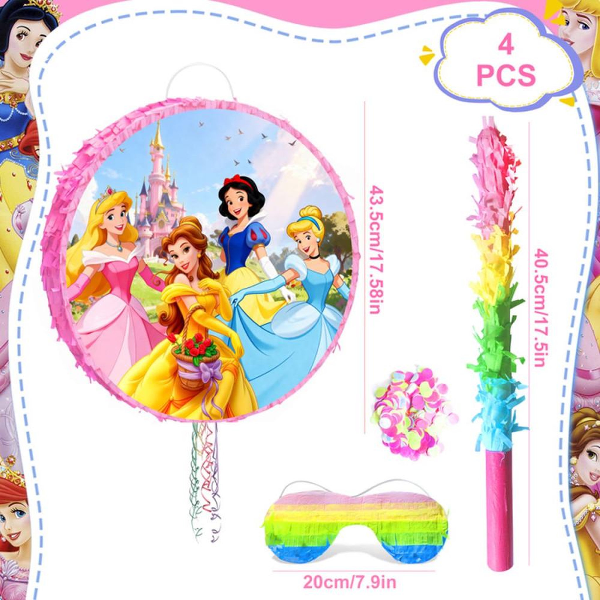 Voir la diapositive 2 : Piñata princesse ronde multicolore avec masque pour les yeux, bâton, confettis et anneau de suspension