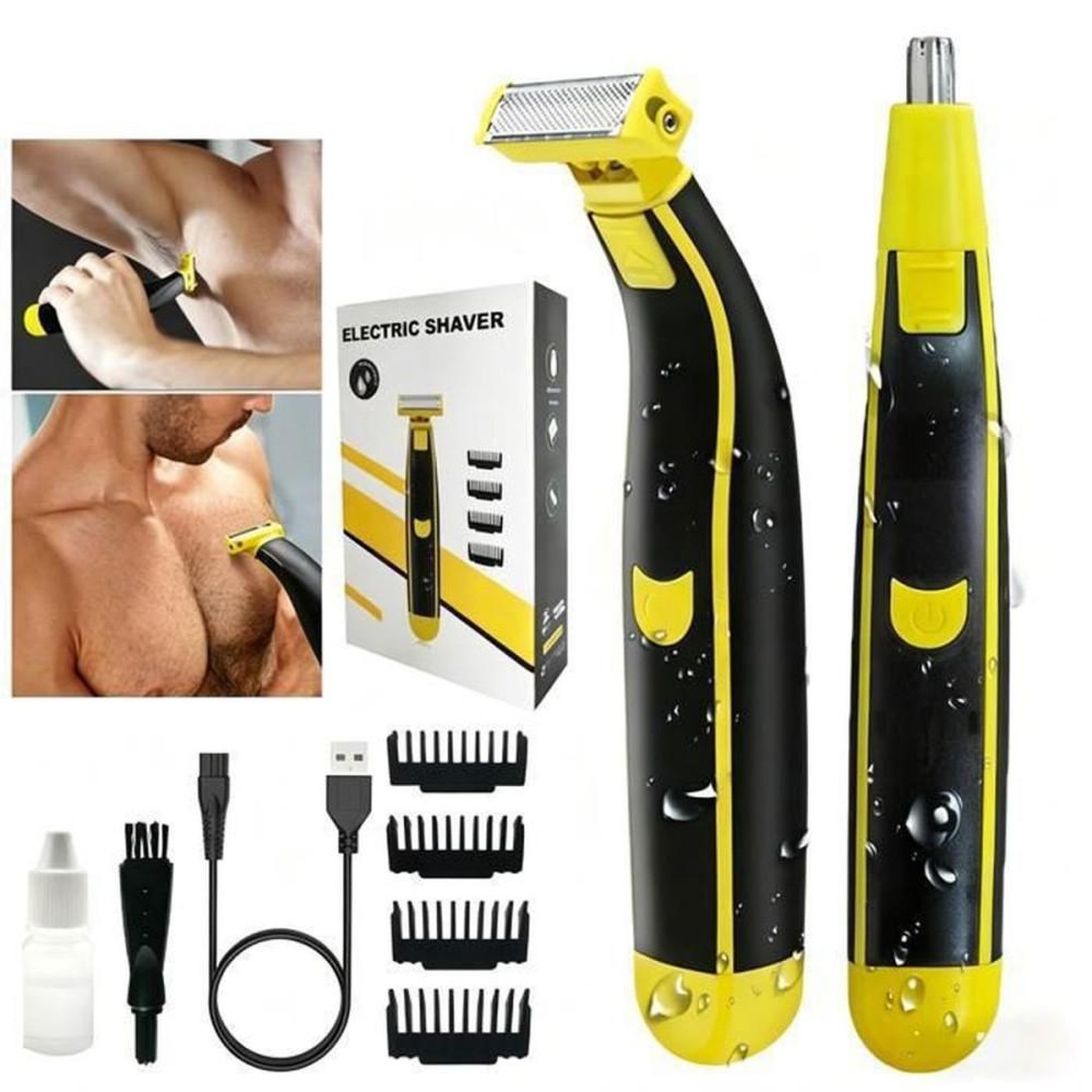 Tondeuse à barbe électrique 2-en-1 avec 4 têtes interchangeables, IPX7, rechargeable USB, tonte barbe, moustache et poils nez/oreilles