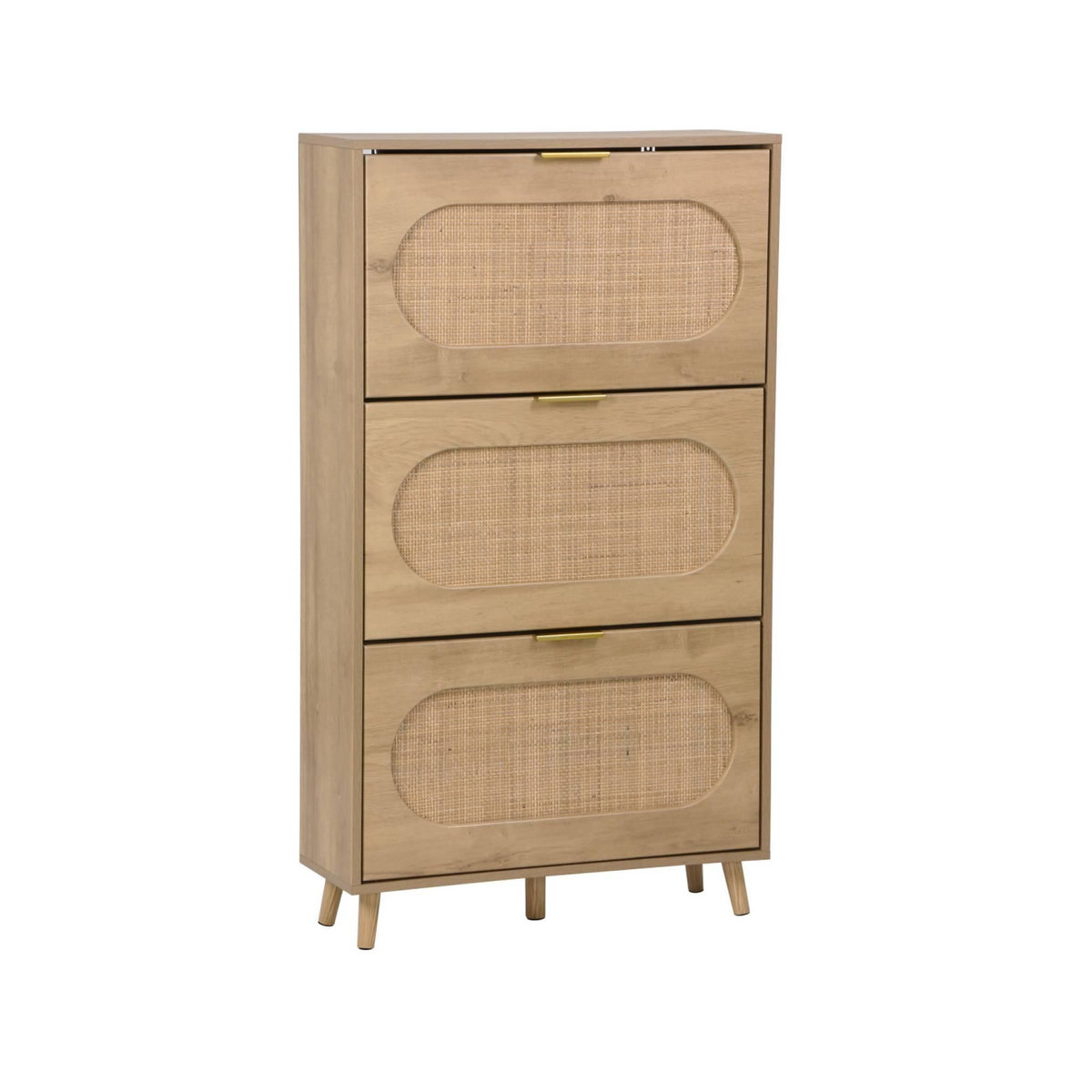 SWEEEK Meuble à chaussures décor bois et cannage 3 abattants. poignées en métal - L 75 x P 26 x H 131 cm - Eva