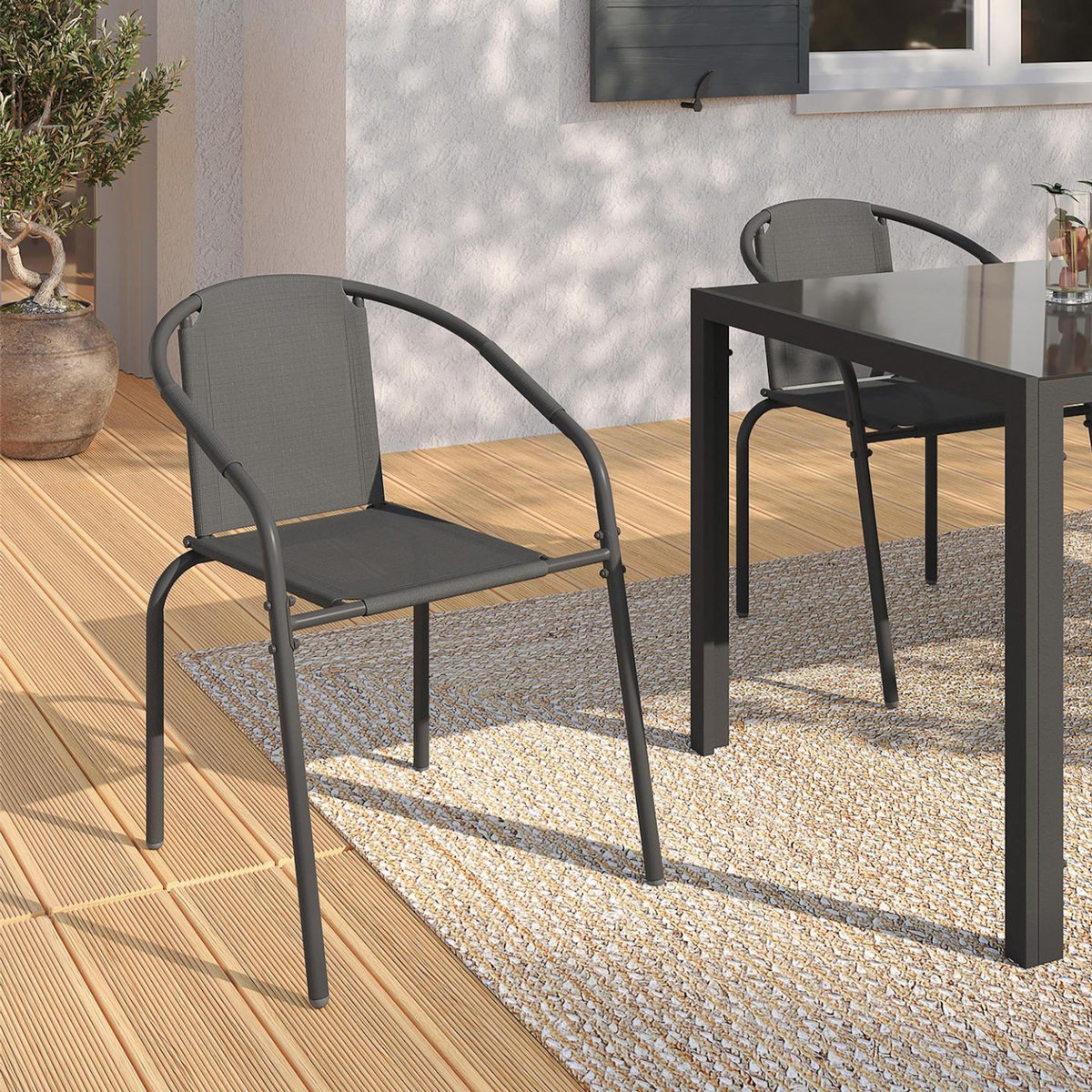 ID MARKET Lot de 6 chaises de jardin THELMA métal et textilène empilables gris anthracite