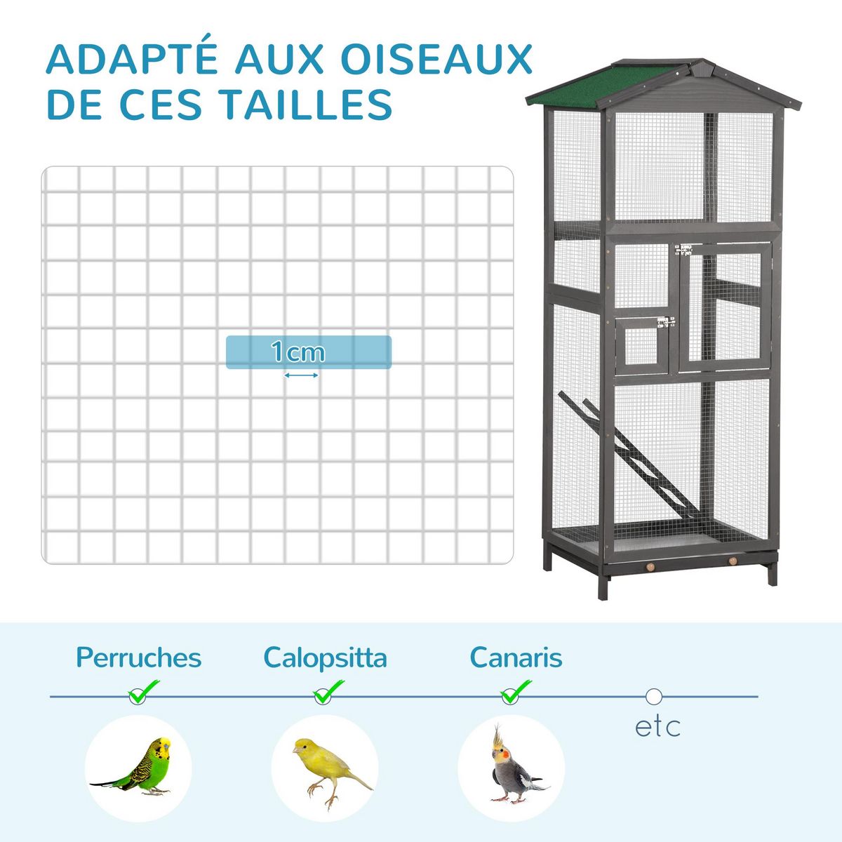 PAWHUT Cage à oiseaux volière grande taille 2 portes toit asphalte tiroir amovible bois gris