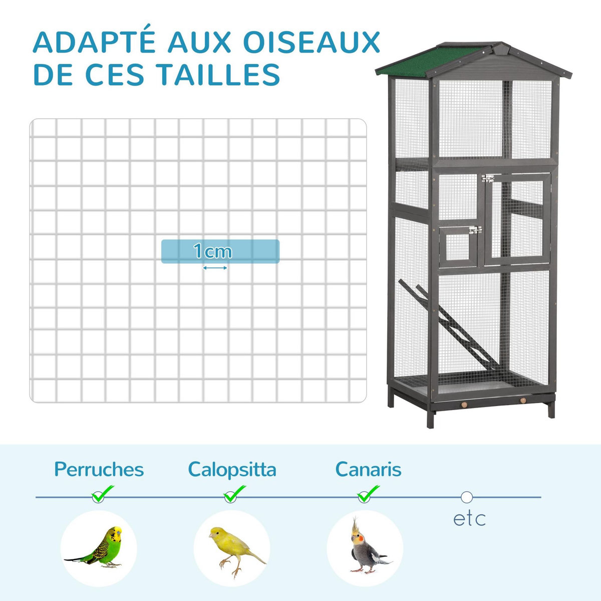 PAWHUT Cage à oiseaux volière grande taille 2 portes toit asphalte tiroir amovible bois gris