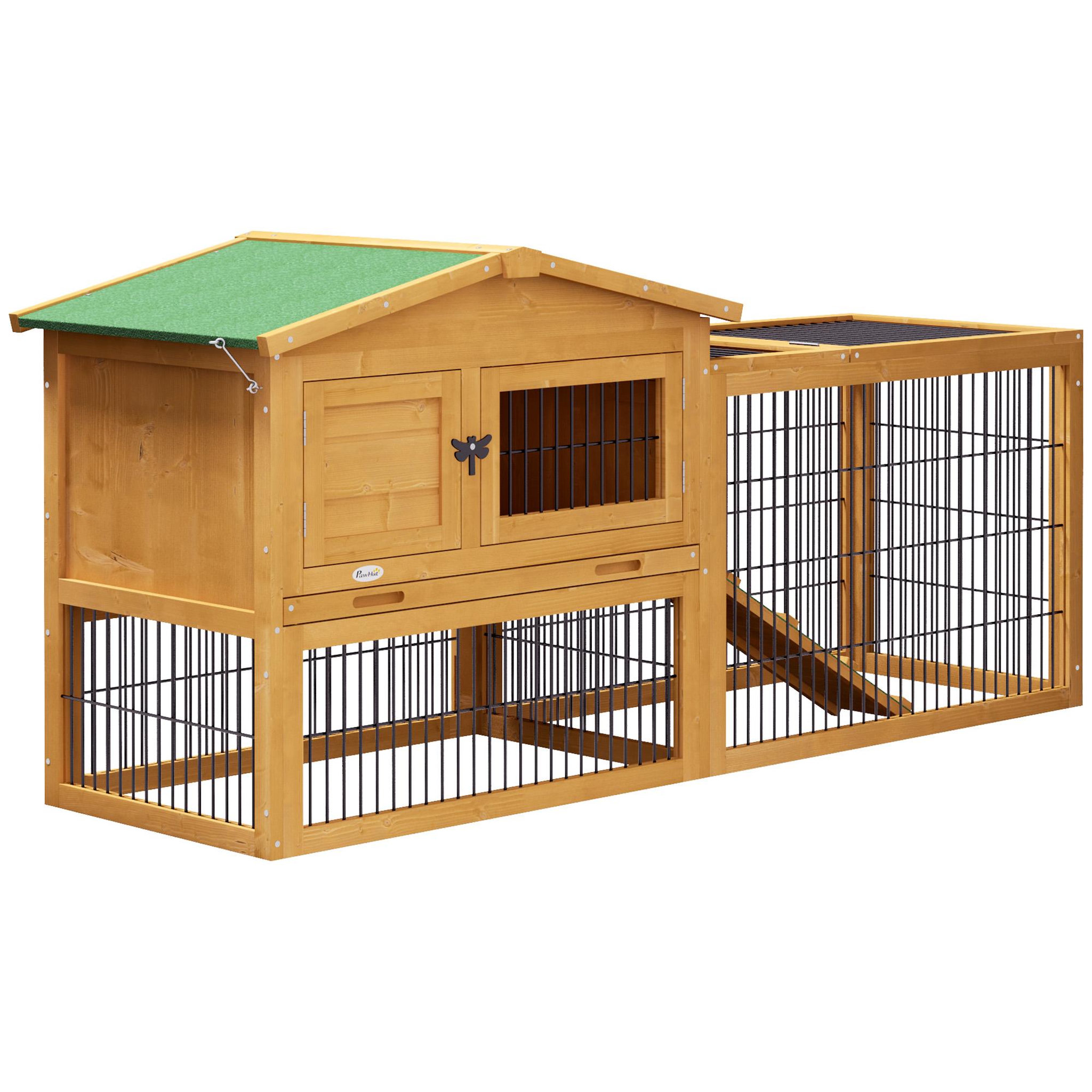 Voir la diapositive 5 : PAWHUT Clapier cage à lapins cottage - niche haute, rampe, enclos extérieur - plateau excrément, toit ouvrant, 2 portes verrouillables - bois naturel