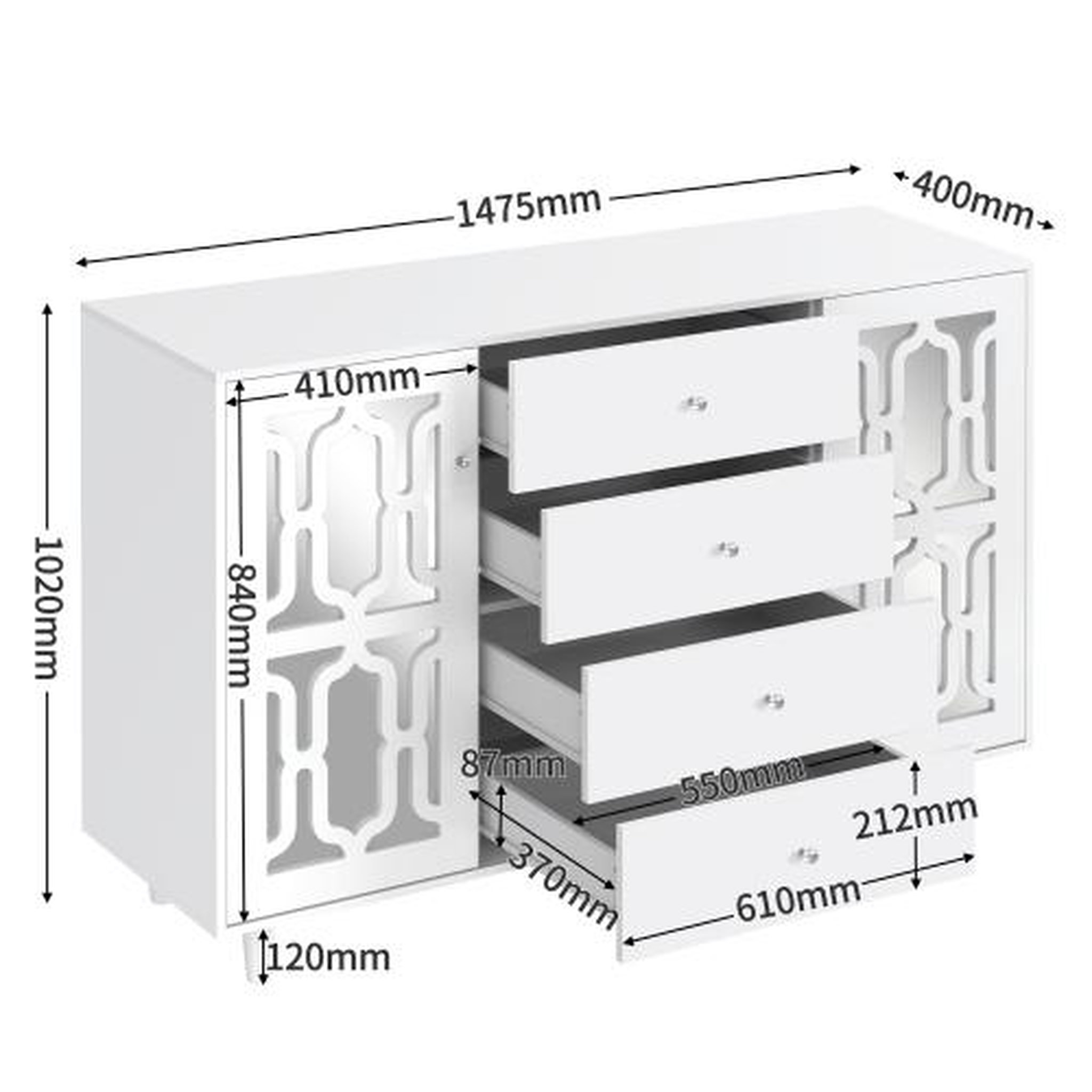 Voir la diapositive 3 : MERAX Buffet 2 porte(s) 4 tiroir(s) - 147,5 cm blanc mdf