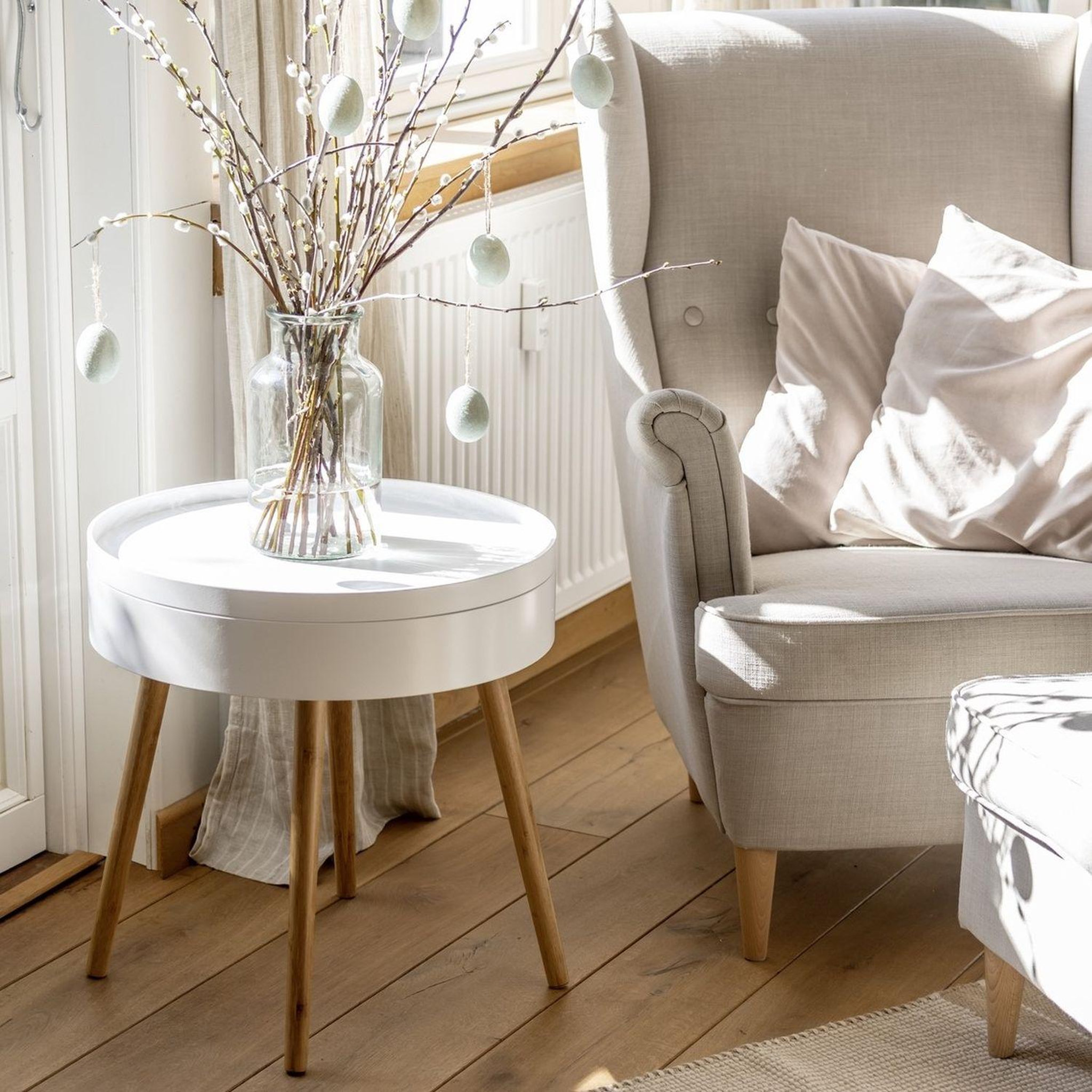 Voir la diapositive 2 : Wenko Table d'appoint ronde avec couvercle en MDF et Bambou - Blanc et Beige