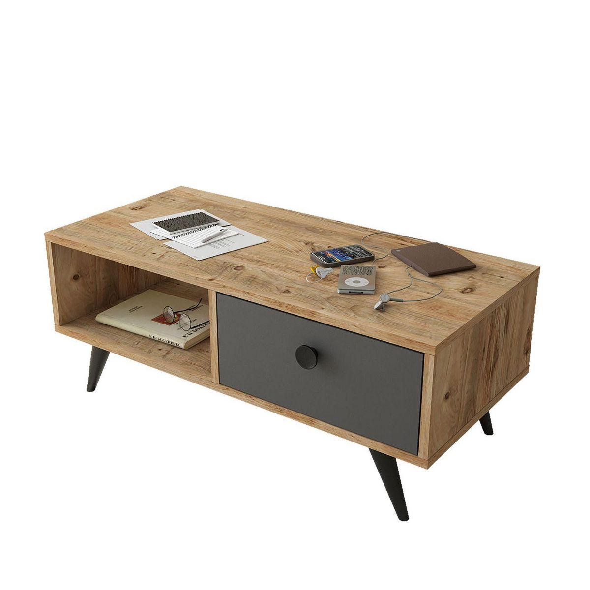 TOILINUX Table Basse avec 1 niche de rangement et 1 tiroir en panneaux de particules et métal