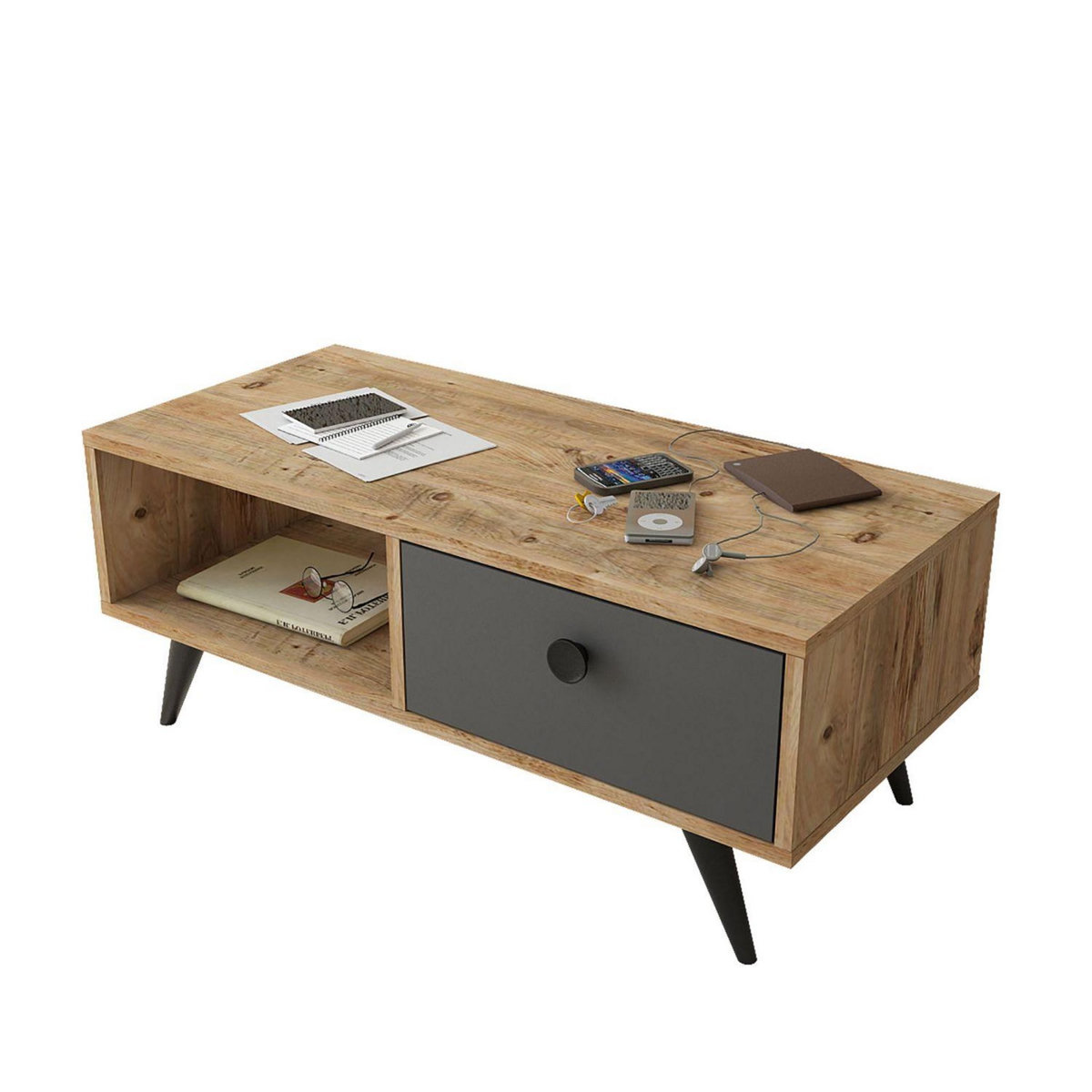 TOILINUX Table Basse avec 1 niche de rangement et 1 tiroir en panneaux de particules et métal