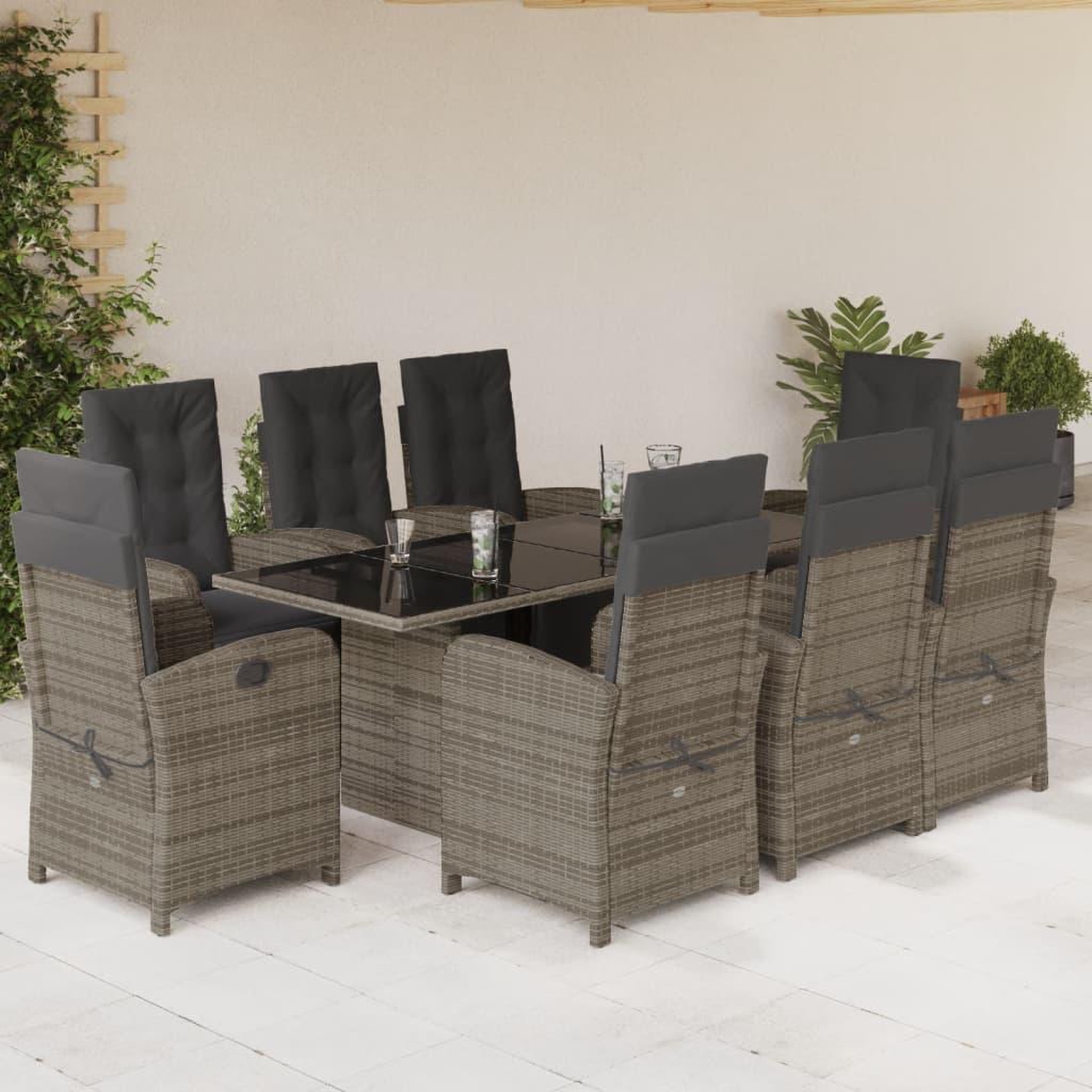 VIDAXL Ensemble a manger de jardin 9 pcs coussins gris resine tressee