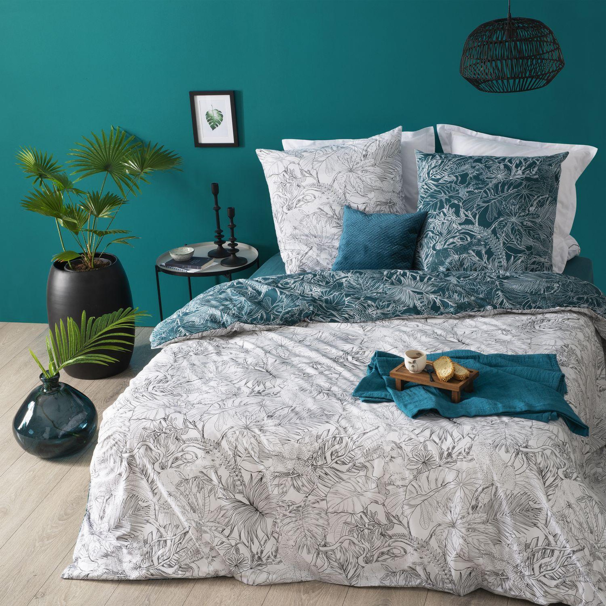 Voir la diapositive 2 : ATMOSPHERA Parure de lit 2 places en coton imprimé Jungle - 260x240 cm - Bleu, Noir et Blanc