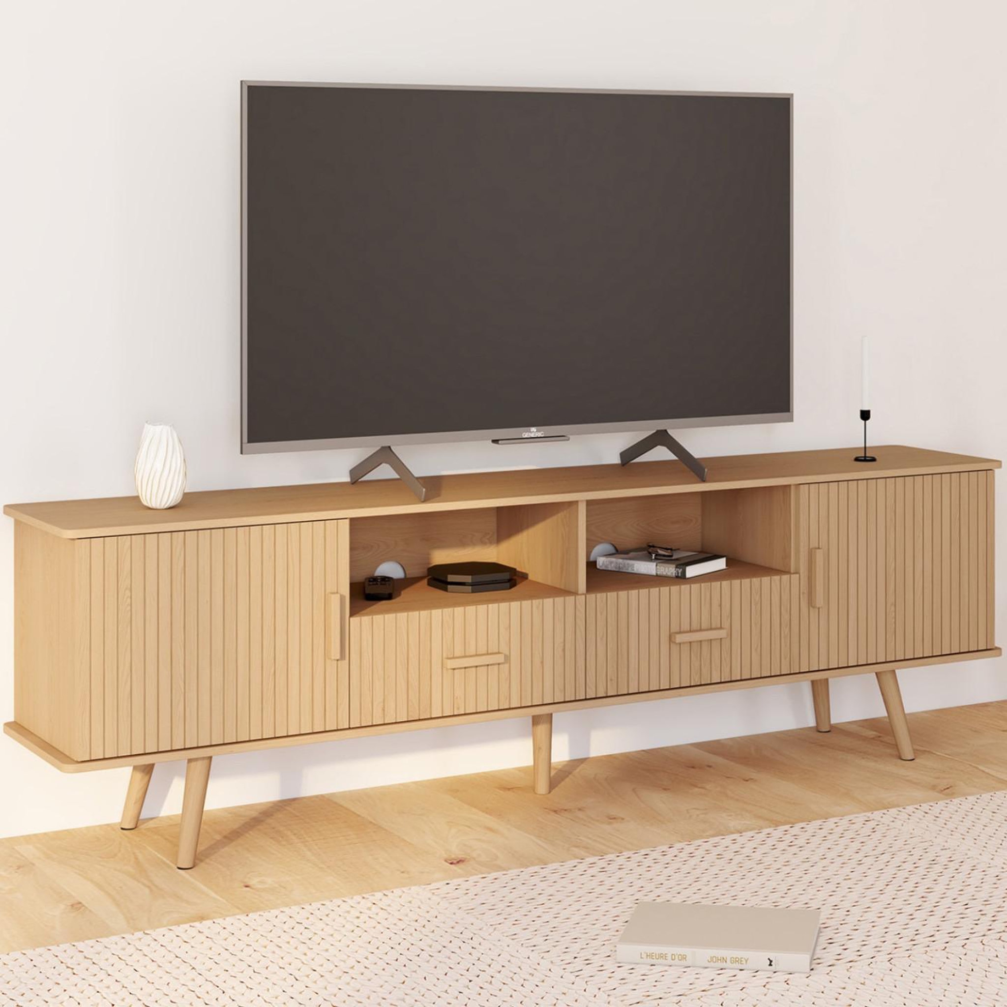 Voir la diapositive 2 : ID MARKET Meuble tv 180 cm juliette 2 portes et 2 tiroirs lattes tasseau bois coloris chêne