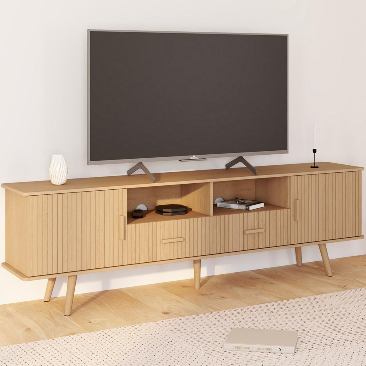 ID MARKET Meuble TV 180 cm JULIETTE 2 portes et 2 tiroirs lattes tasseau bois coloris chêne