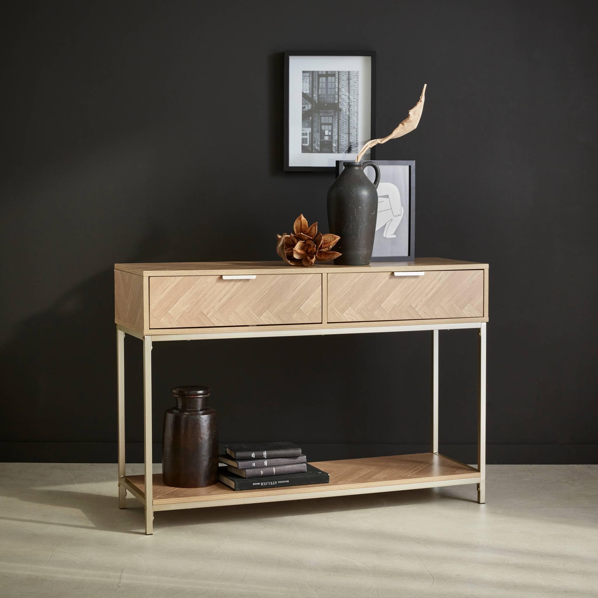 Voir la diapositive 2 : SWEEEK Console effet bois décor chevrons 2 tiroirs naturel - Budapest