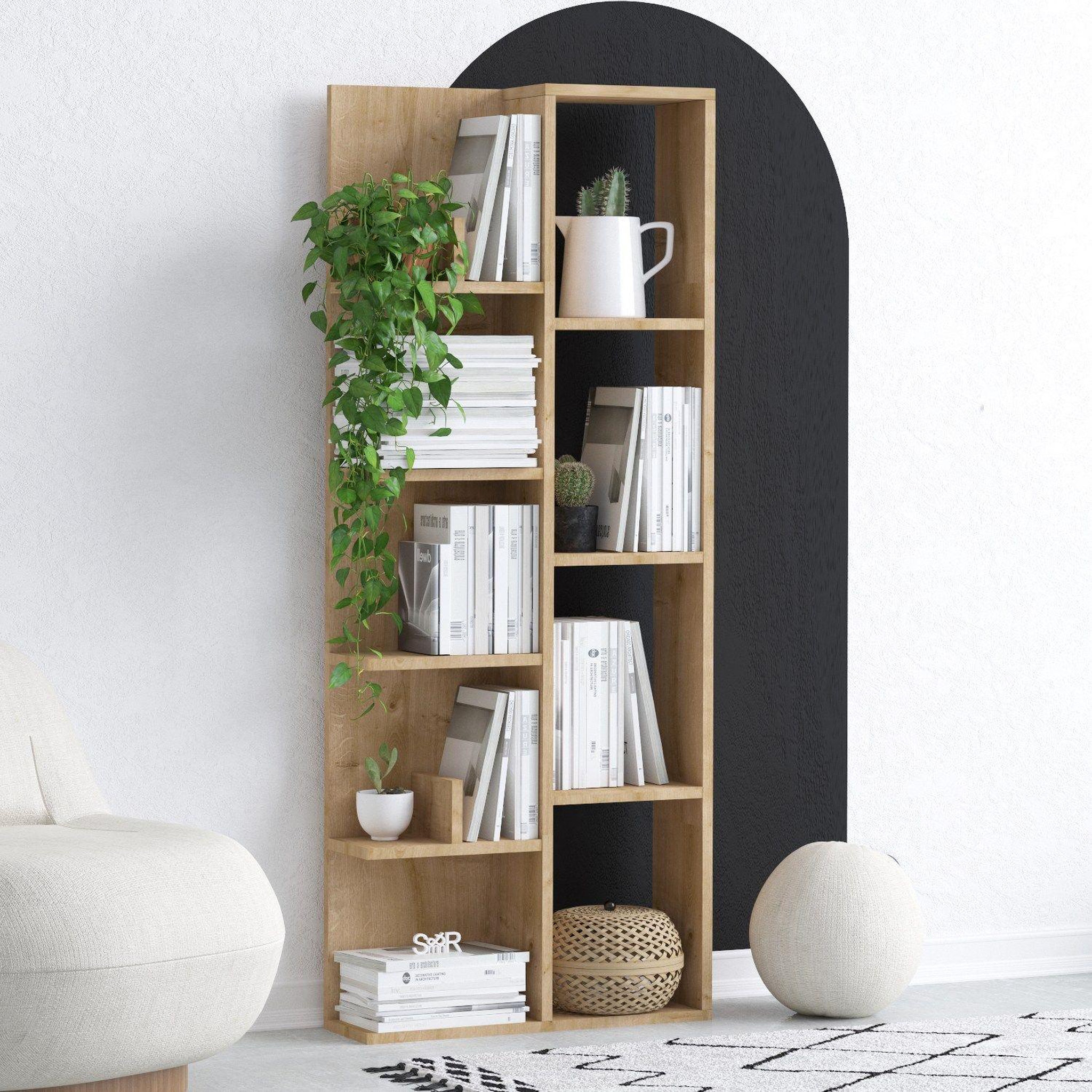 Voir la diapositive 4 : TOILINUX Bibliothèque asymétrique 4 niches et tablettes décor chêne elora - marron