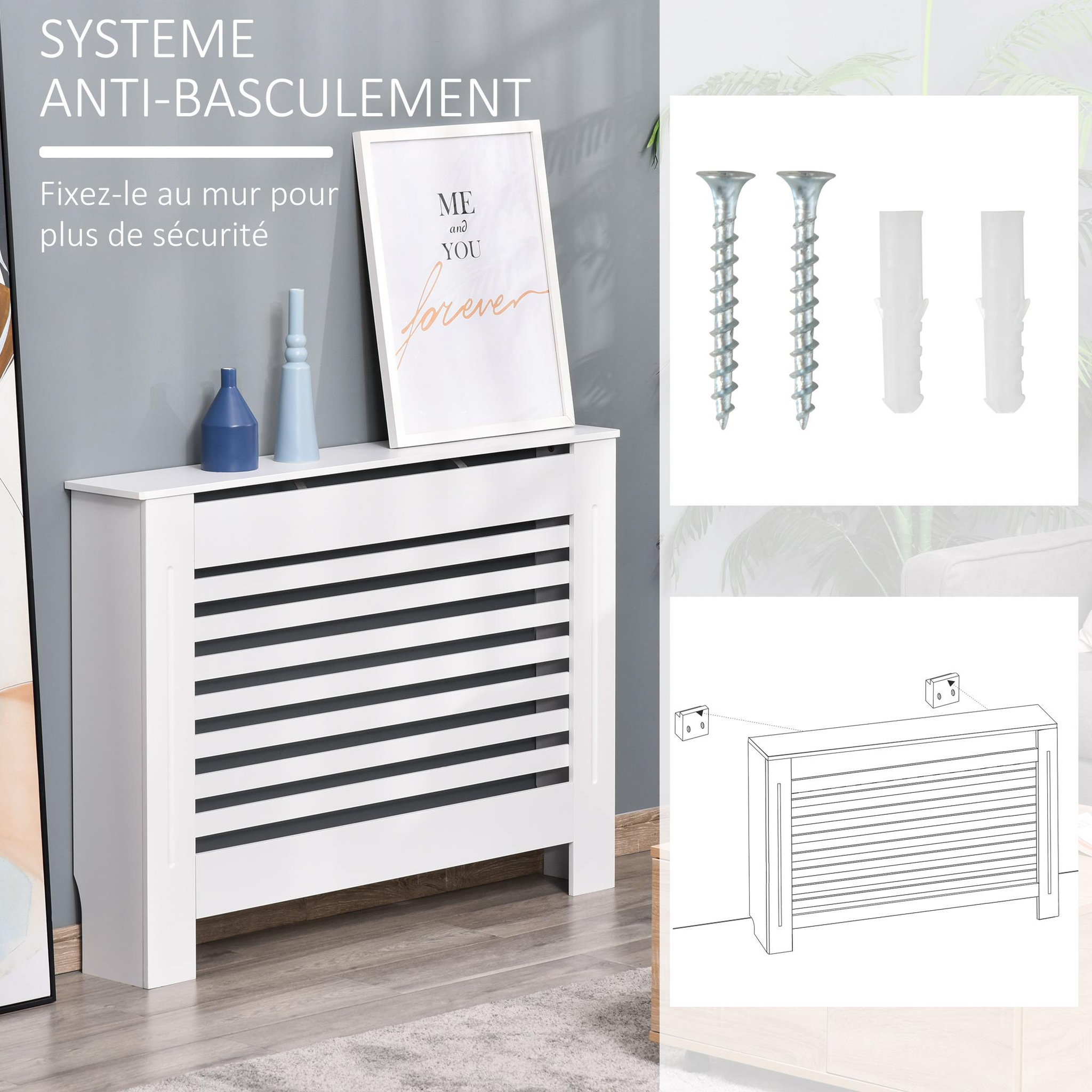 Voir la diapositive 6 : HOMCOM Cache-radiateur design à lattes panneau cabinet dim. 112L x 19l x 81H cm MDF blanc