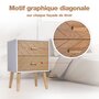 Voir la diapositive 6 : HOMCOM Chevet table de nuit design scandinave 40L x 30l x 56H cm 2 tiroirs bois massif pin MDF blanc et hêtre motif graphique