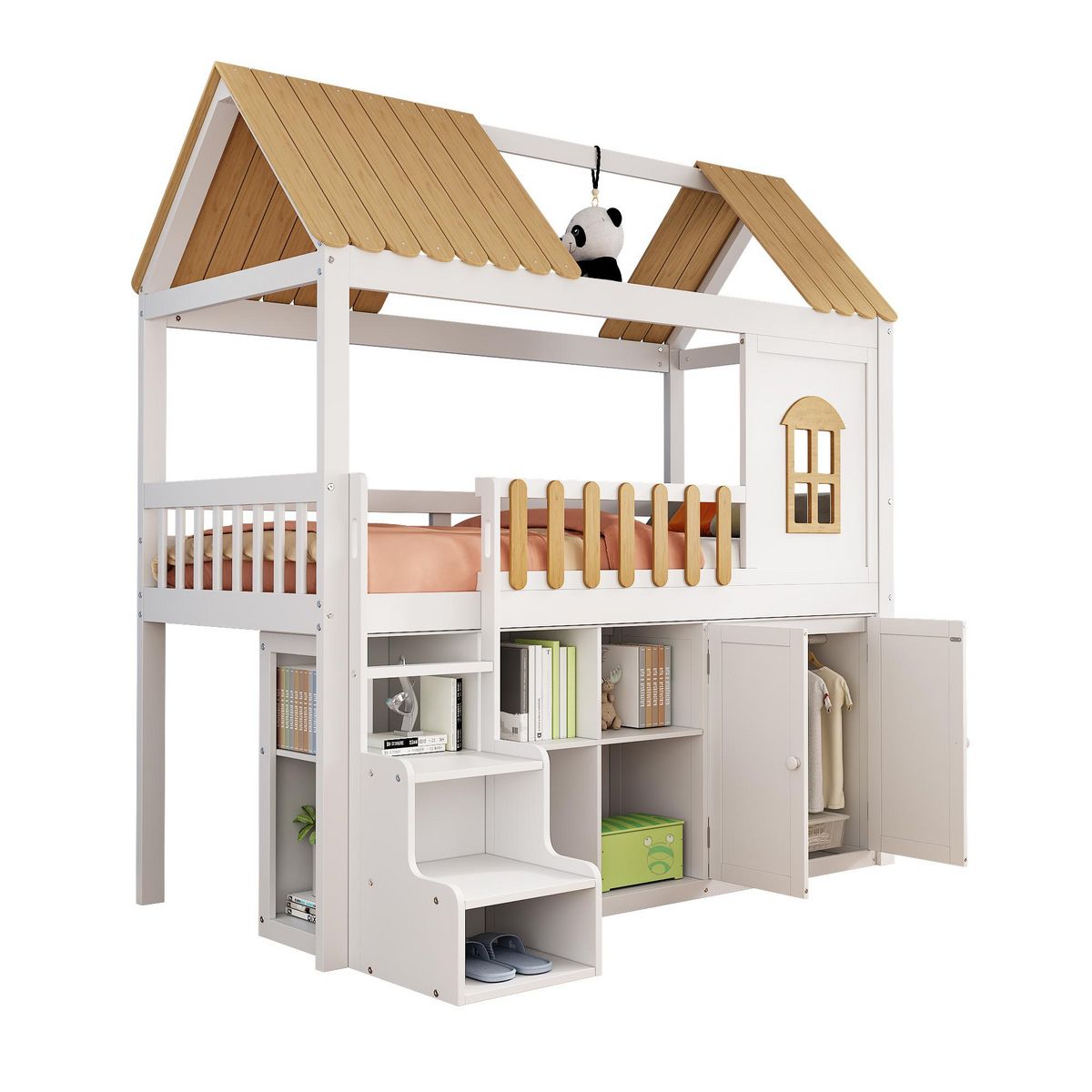 MERAX Lit combiné enfant mi hauteur 90x200cm bois coloris blanc+naturel