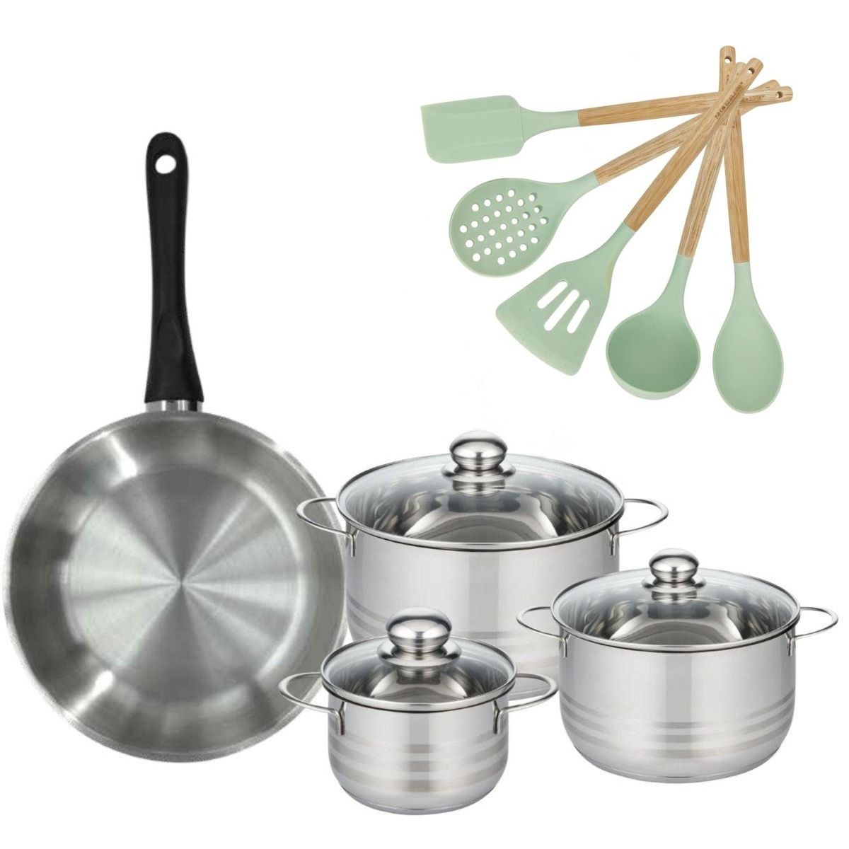 Fackelmann Lot Poêle 28 cm Fackelmann Généva et 3 Faitouts en acier inoxydable 16/20/24 cm et 5 ustensiles