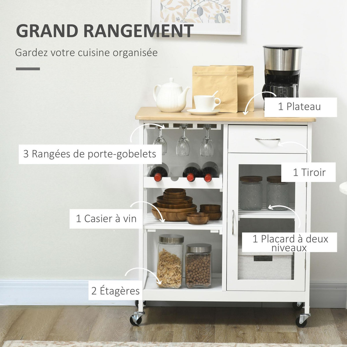 HOMCOM Desserte de cuisine multi-rangement - porte acrylique poignées métal MDF blanc aspect bambou